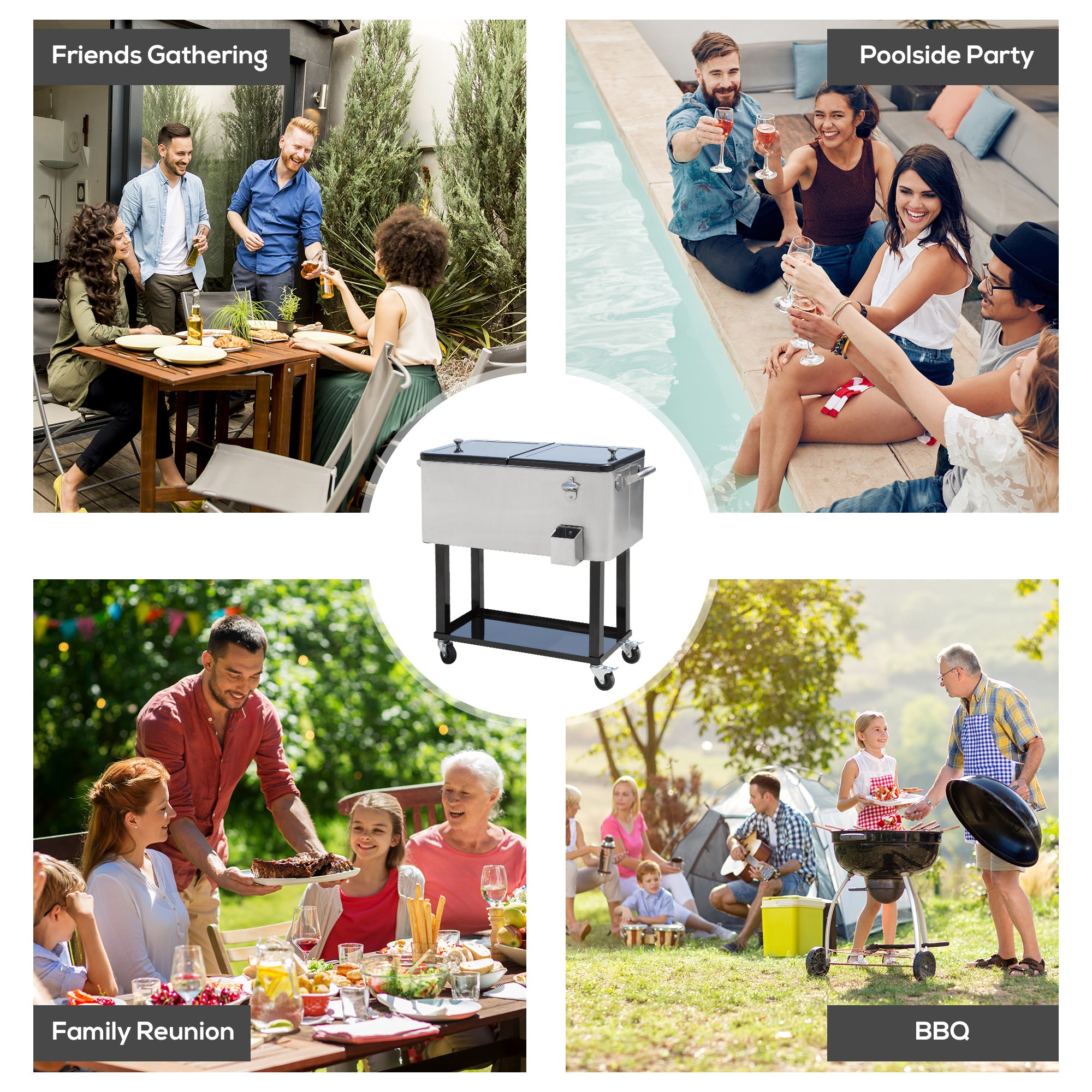Outsunny 80 Quart Rolling Cooler Cart Portable Patio Ice Beer Beverage Cooling Bin for Outdoor Party w/ Bottle Opener & Storage Shelf Silver