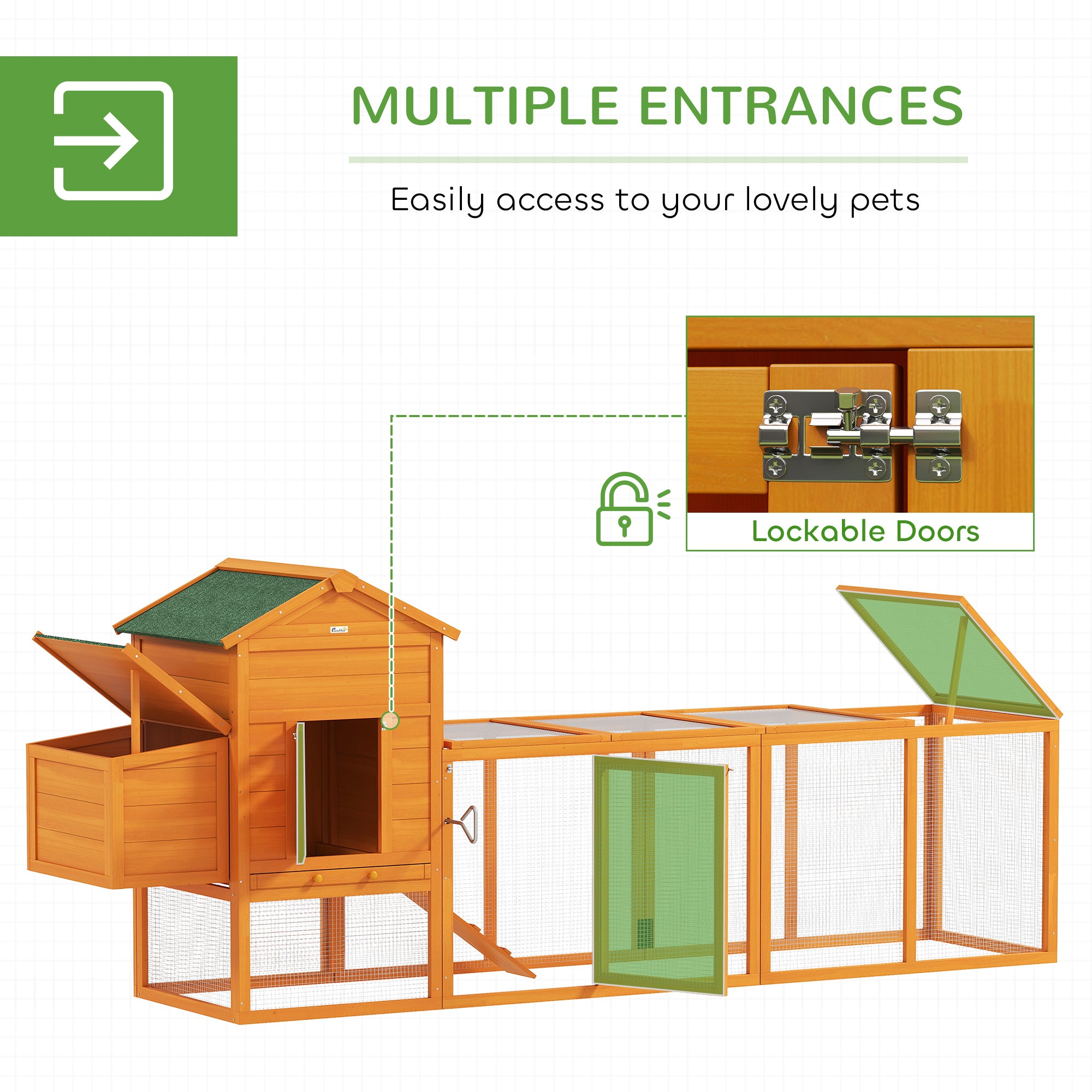 PawHut 117" Extra Large Chicken Coop with Asphalt Roof, Wooden Hen House with Slide-out Tray, Quail Hutch with Nesting Box, Orange