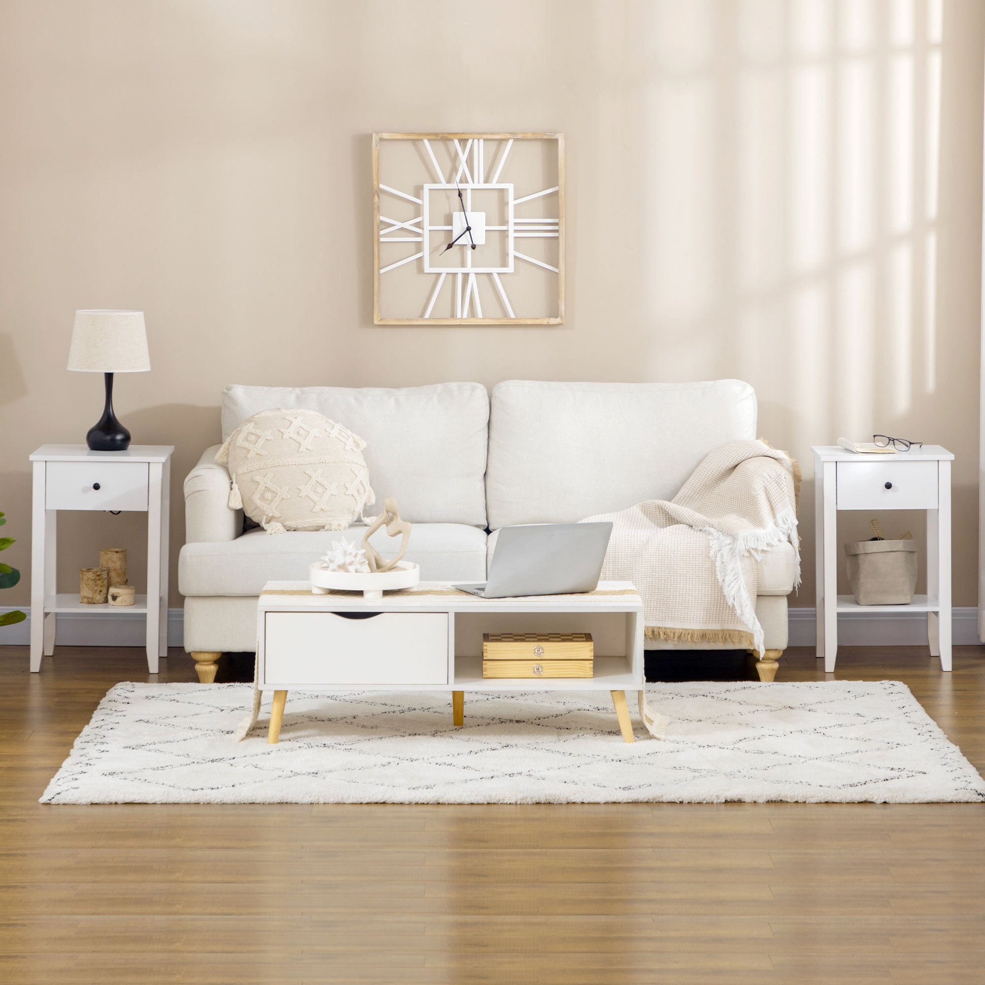 HOMCOM Side Table Set of 2, End Tables with Drawer and Bottom Shelf, 2-tier Nightstand for Bedroom, Living Room, White