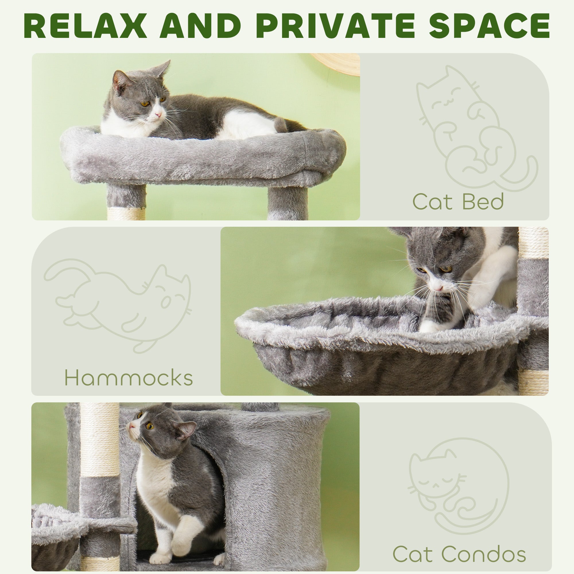 PawHut 52.5" Cat Tree Tower with Scratching Posts, Cat Condos, Bed, Platforms, Hammocks, for Indoor Cats, Grey