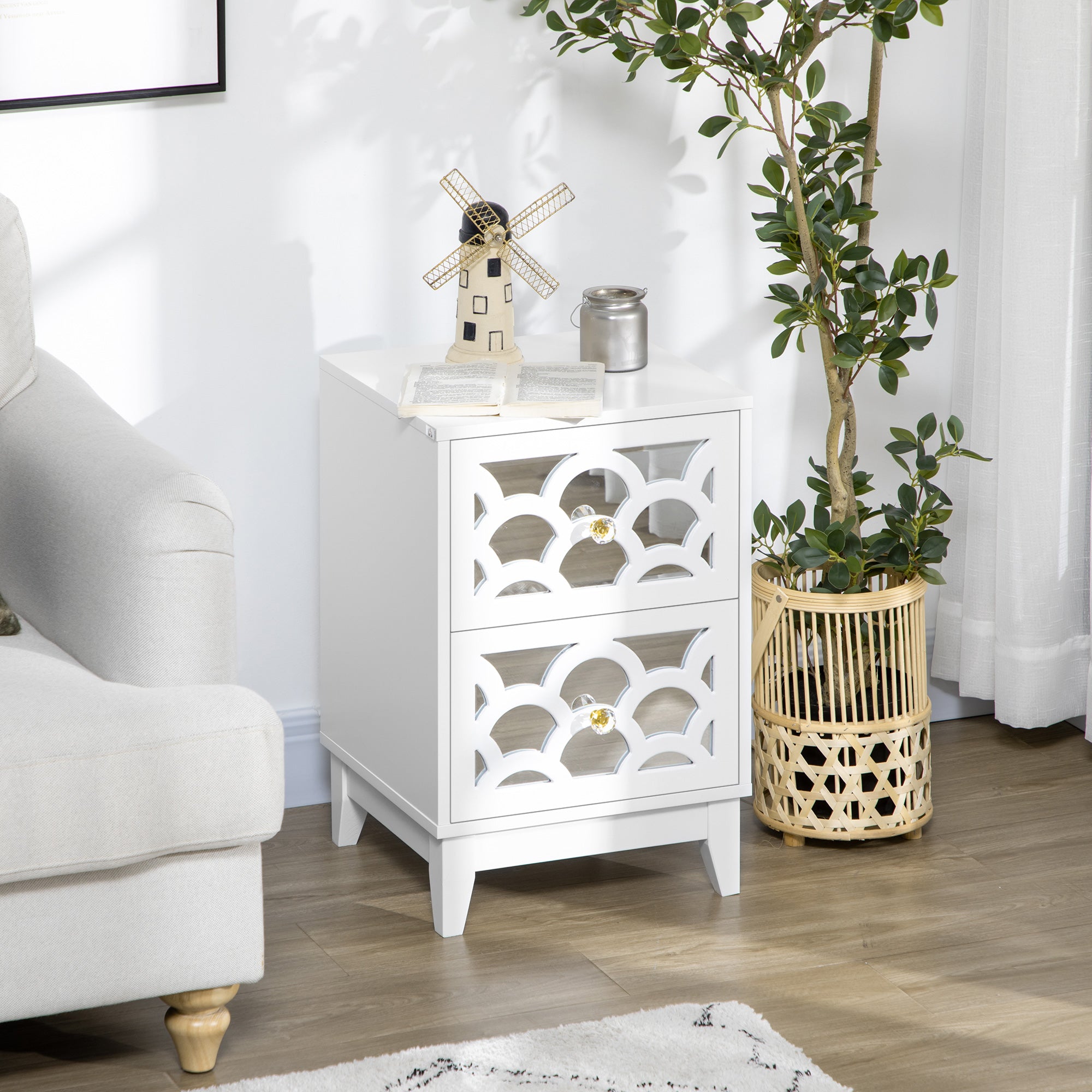 HOMCOM Modern Bedside Table, Side End Table with Drawers and Front Mirror, 15.4"x14.4"x23.6", White