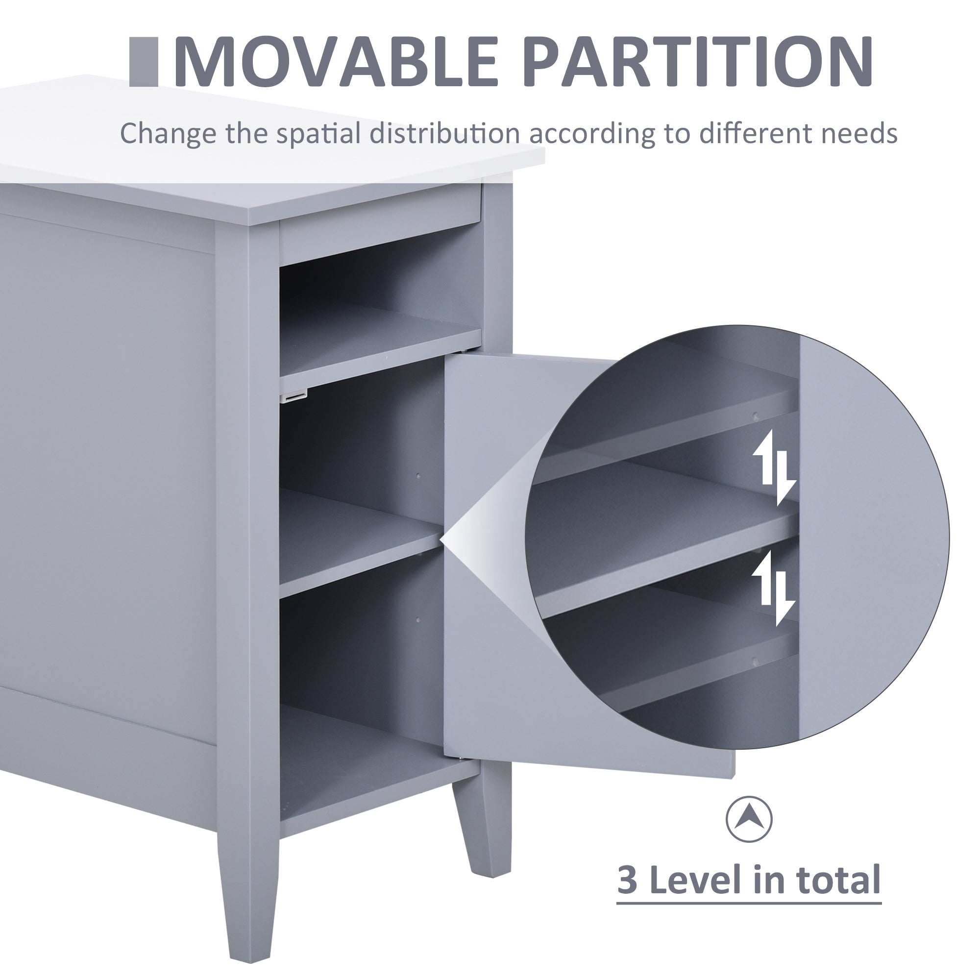 HOMCOM Wooden3-Tier Modern Nightstand with Pullout Shelf, Adjustable Open Shelf, and Door Cabinet, Grey