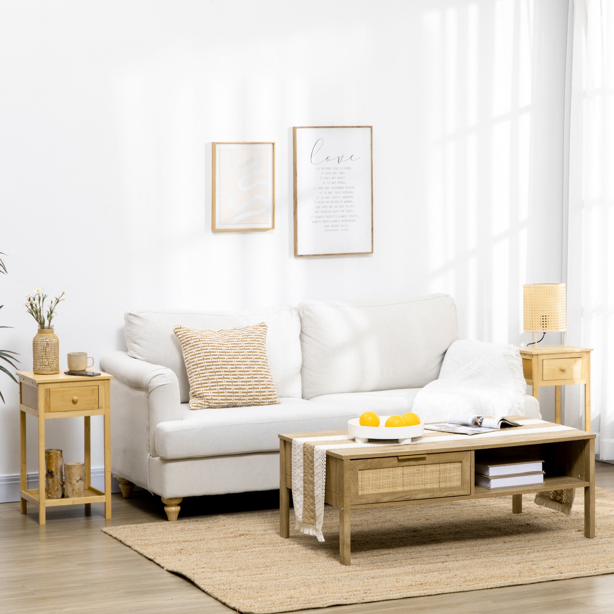 HOMCOM Bamboo Side Table with Drawer and Storage Shelf, Slim End Table Nightstand for Small Spaces, Natural