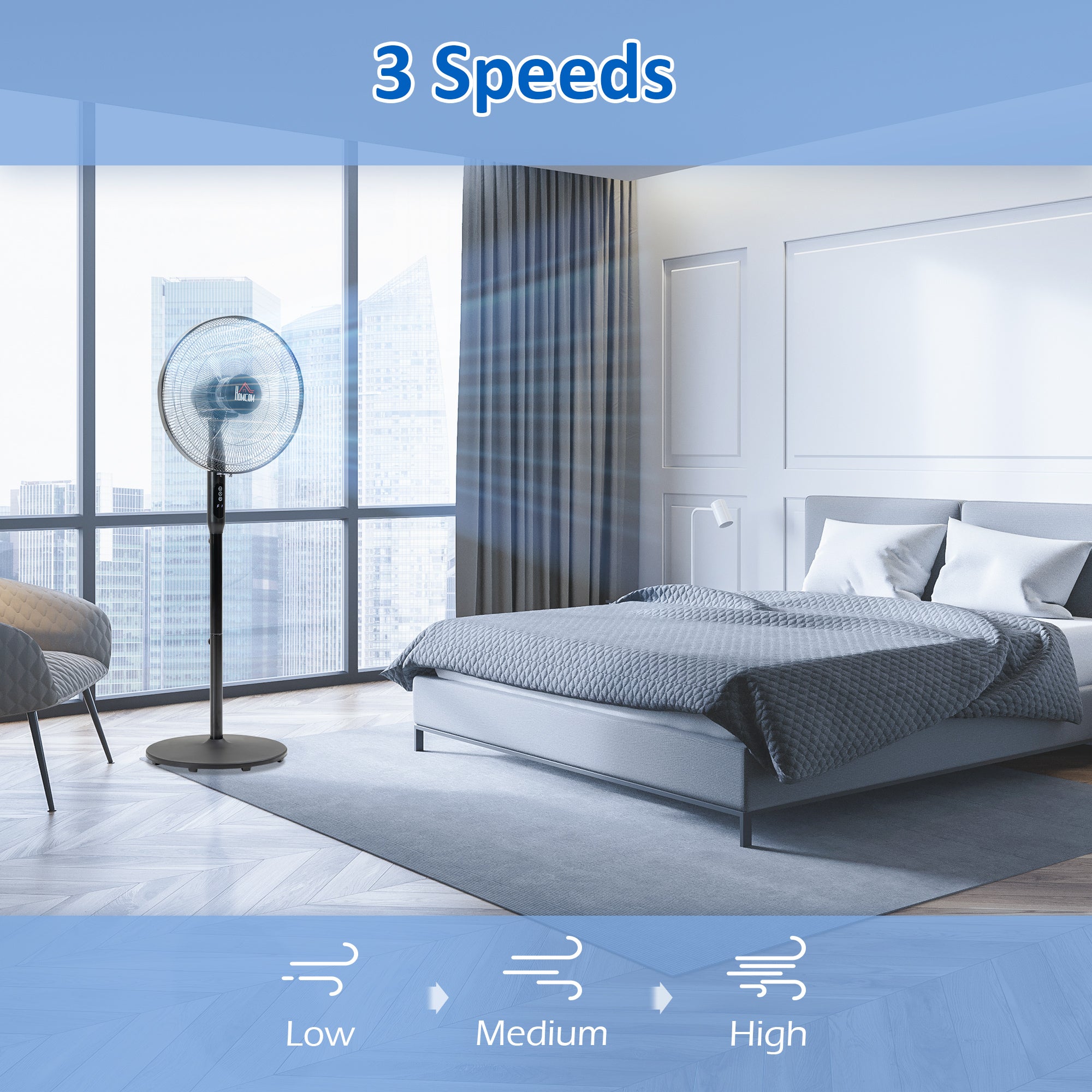 HOMCOM Floor Standing Fan with Remote Control, Oscillating, LED Screen, Stand Up Cooling Fan, Tall Pedestal Electric Fan for Home Bedroom, Black