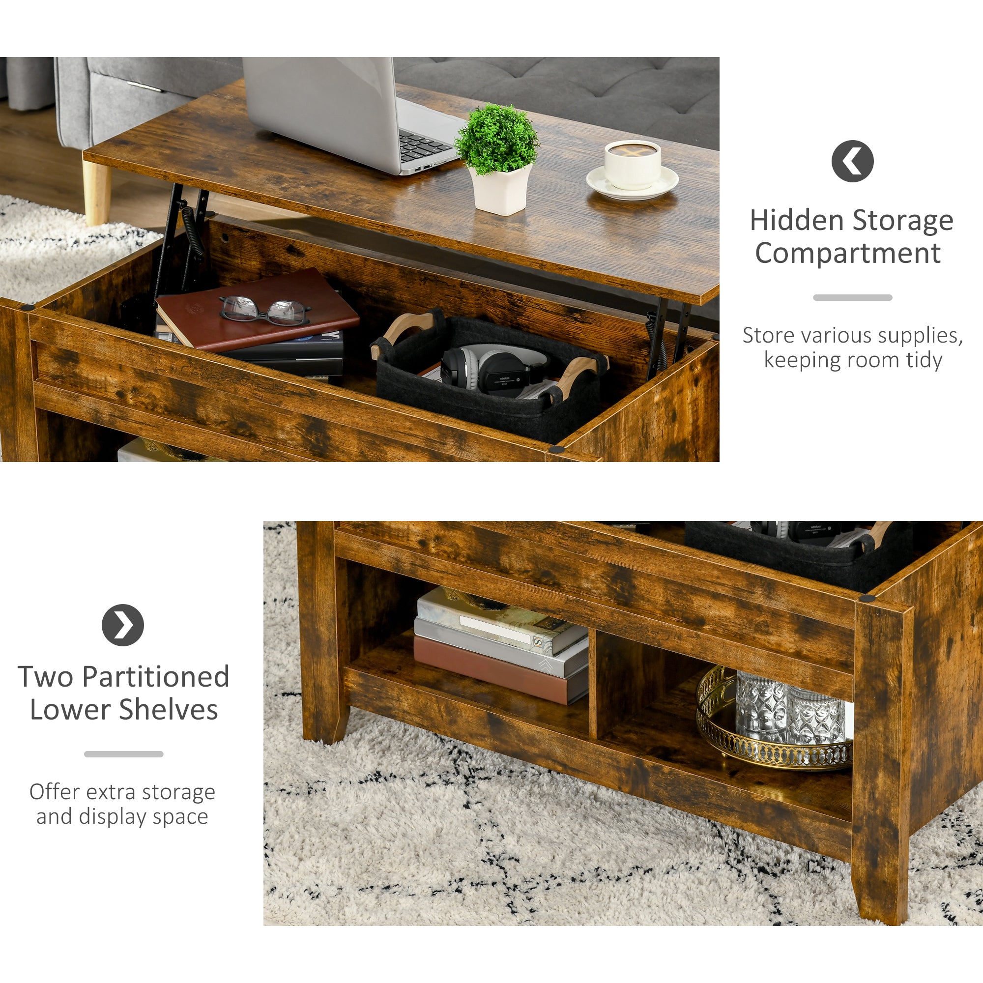 HOMCOM Lift Top Coffee Table with Hidden Storage Compartment and Open Shelves, Lift Tabletop Pop-Up Center Table for Living Room, Brown
