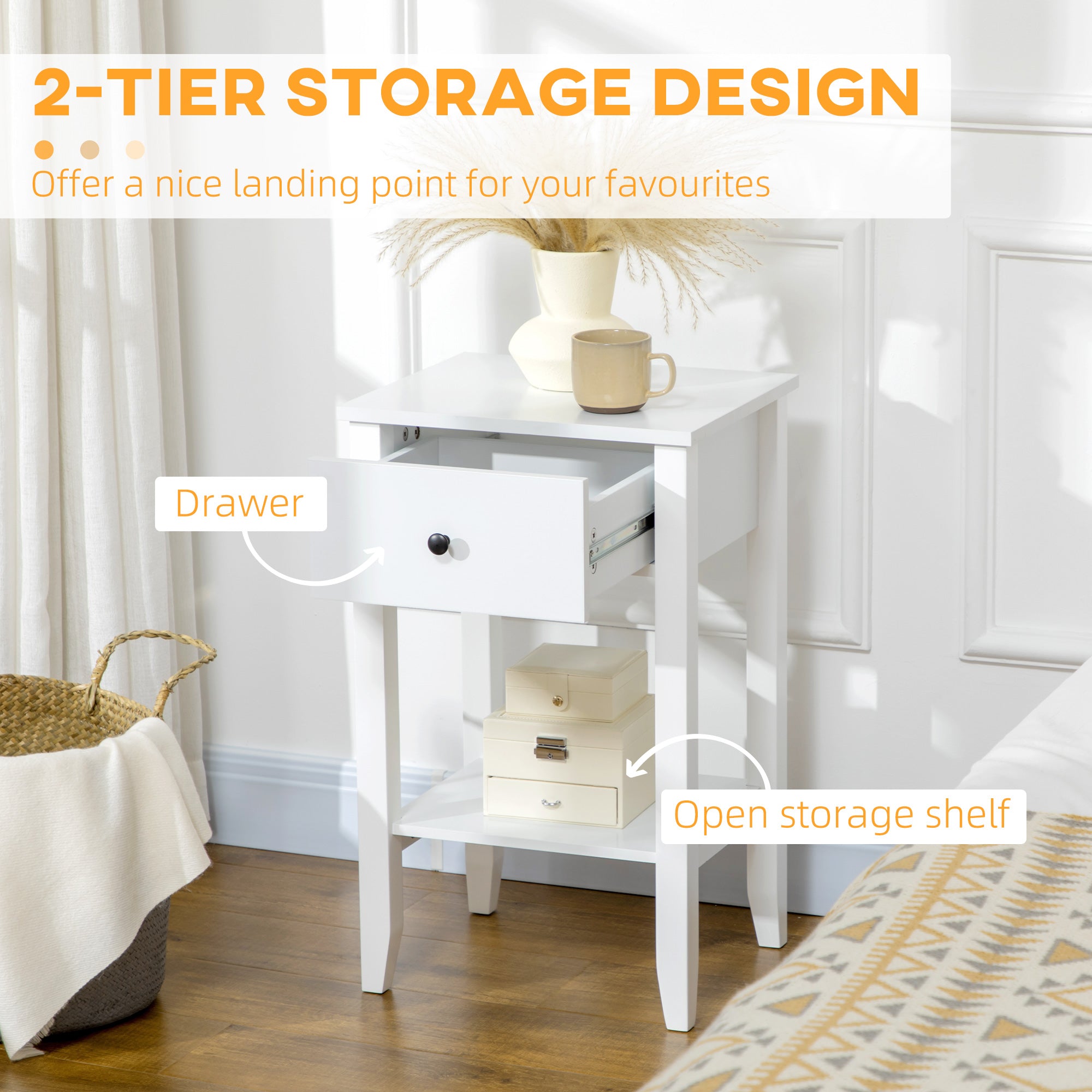 HOMCOM Side Table Set of 2, End Tables with Drawer and Bottom Shelf, 2-tier Nightstand for Bedroom, Living Room, White