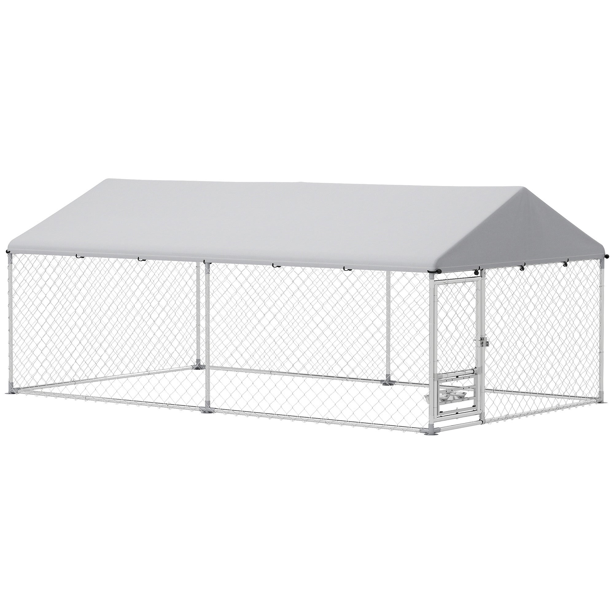 PawHut Outdoor Dog Run w/ Adjustable & Rotating Bowls, Waterproof UV-Resistant Cover, Secure Lock, 13.1' x 7.5' x 5.2'