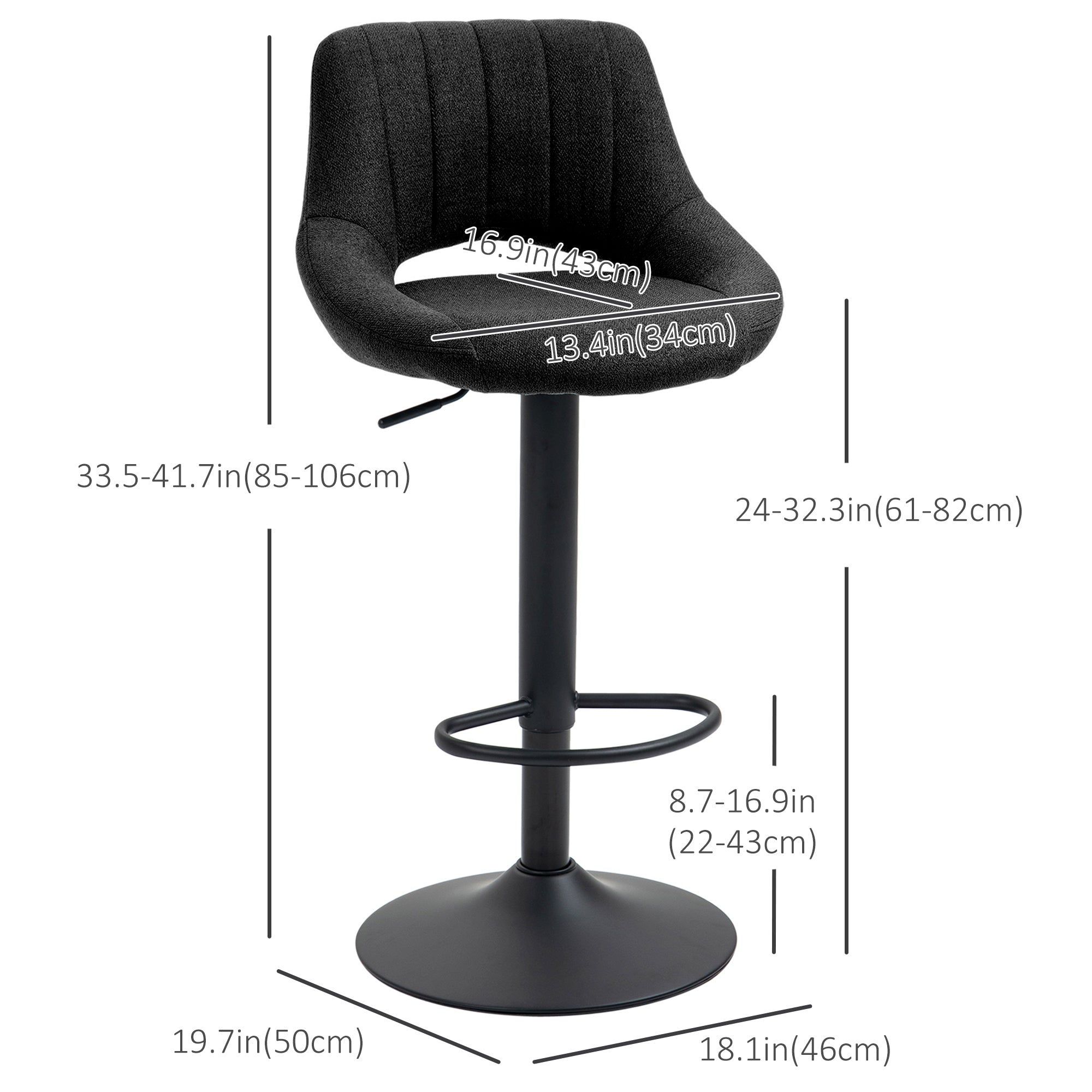 HOMCOM Swivel Bar Stools Set of 2, Linen Upholstered Counter Height Barstools with Round Metal Base