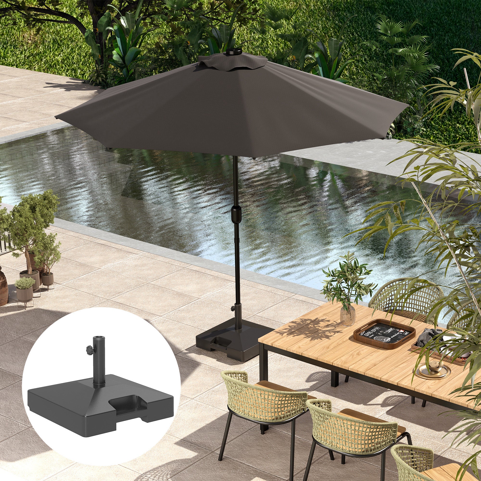 Outsunny Patio Umbrella Base with Wheels Handle, Heavy Duty Outdoor Umbrella Stand Base, Filled Up to 73lbs with Stand or 57lbs with Water for Garden, Poolside, Black