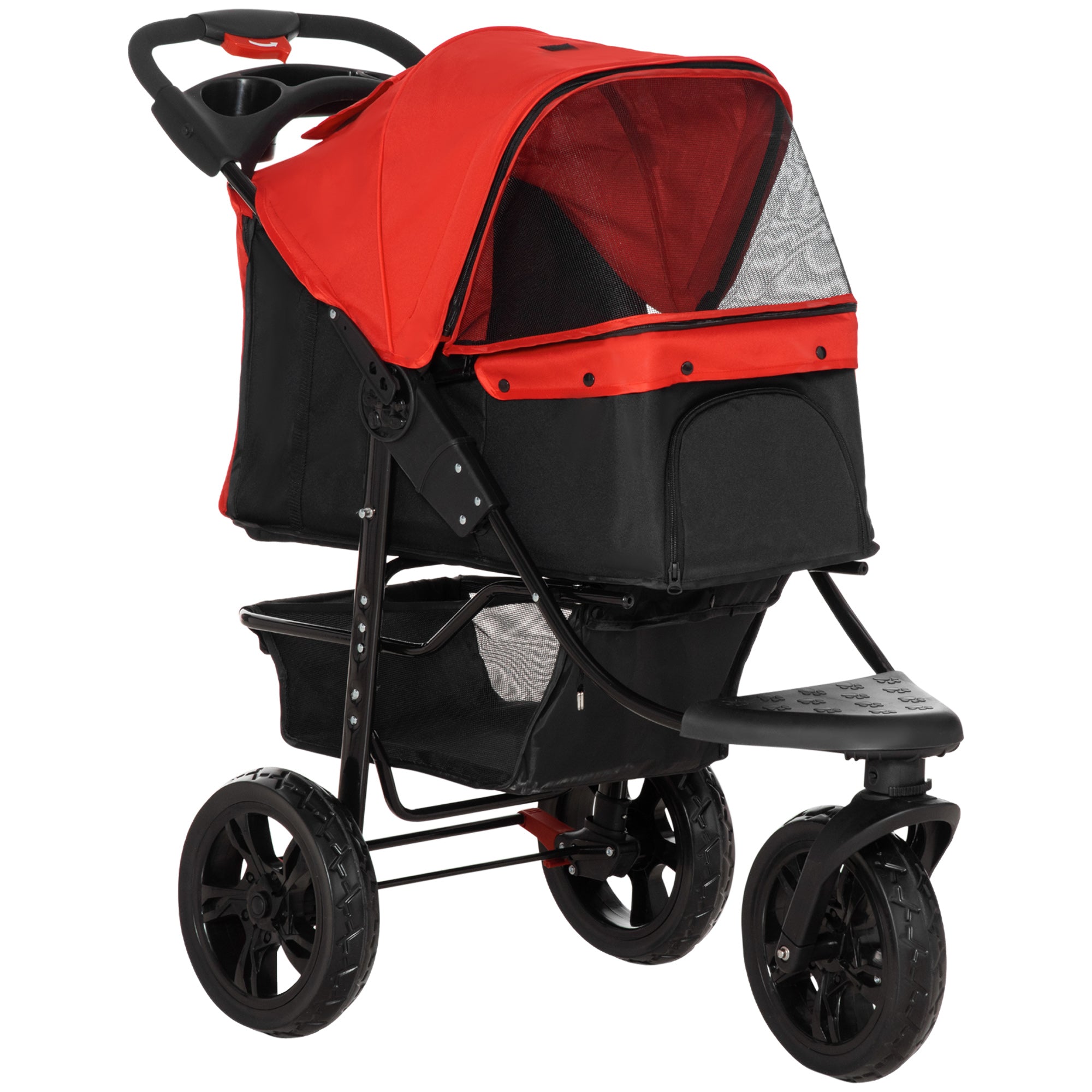 PawHut 3 Wheel Folding Dog Stroller, Jogger Travel Carrier with Adjustable Canopy, Storage Brake, Mesh Window for S&M Dogs, Red