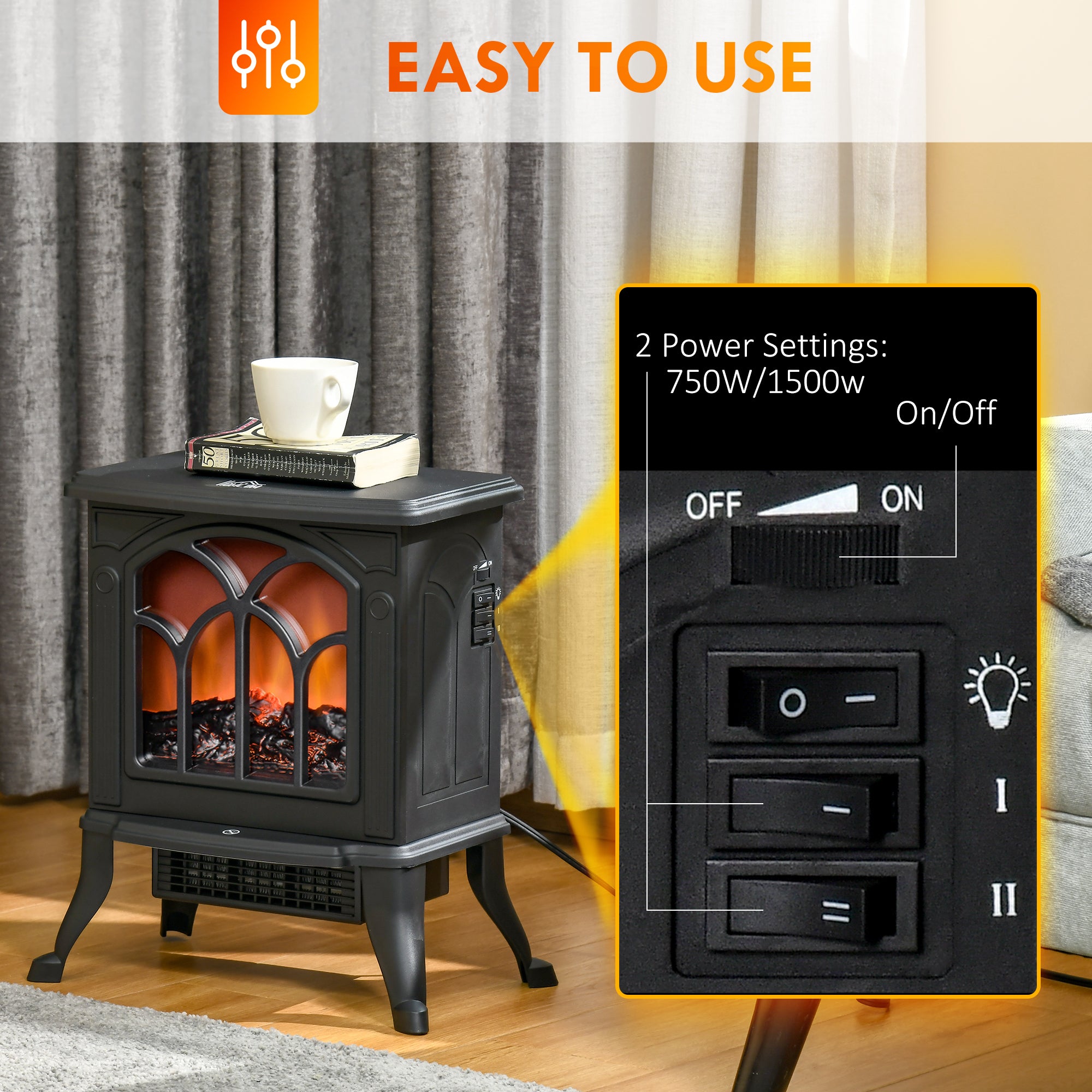 HOMCOM Electric Fireplace Heater, Freestanding Fireplace Stove with Realistic Flame, Overheat Protection, 750W/1500W, Black