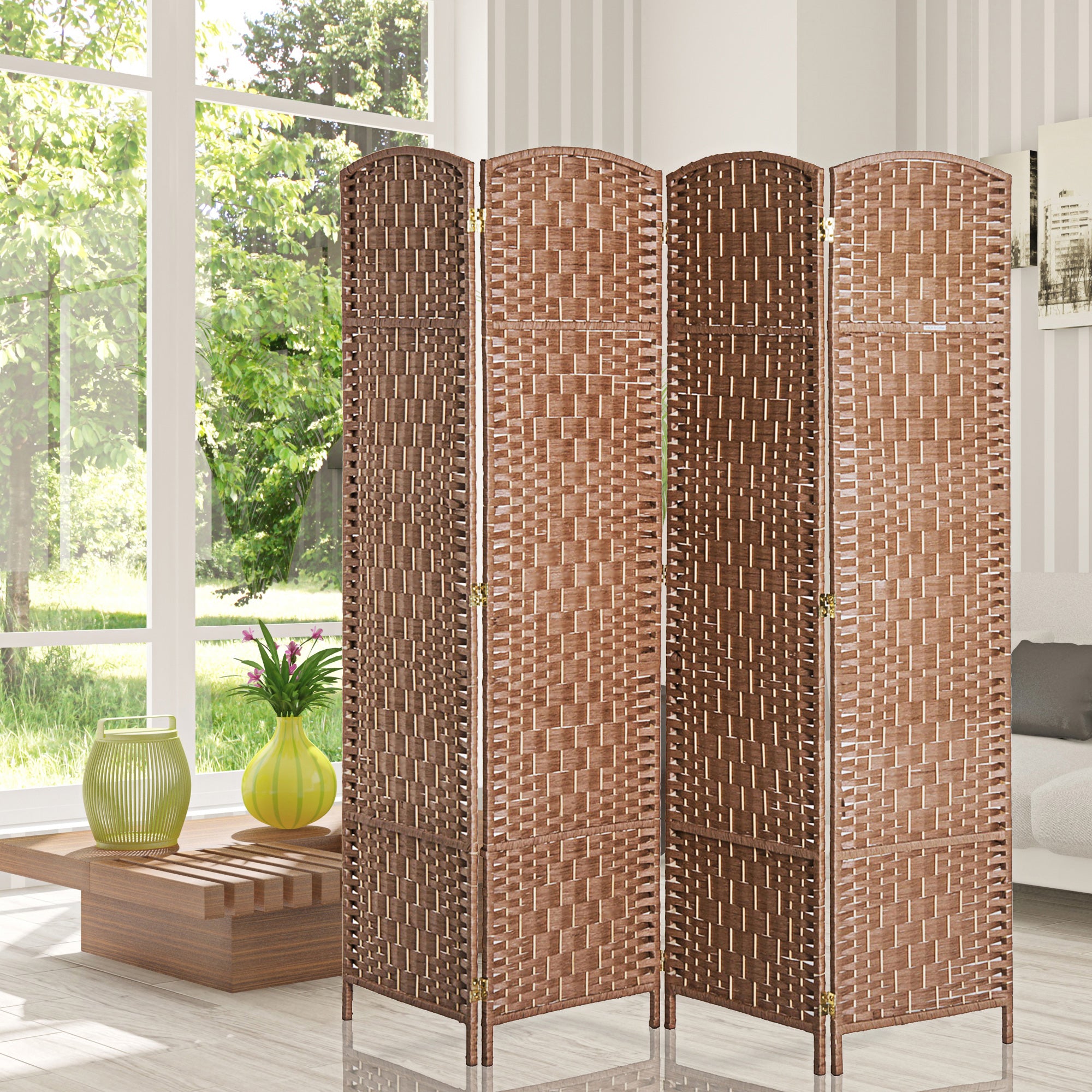 HOMCOM 6ft Folding Room Divider, 4 Panel Wall Partition with Wooden Frame for Bedroom, Home Office, Natural