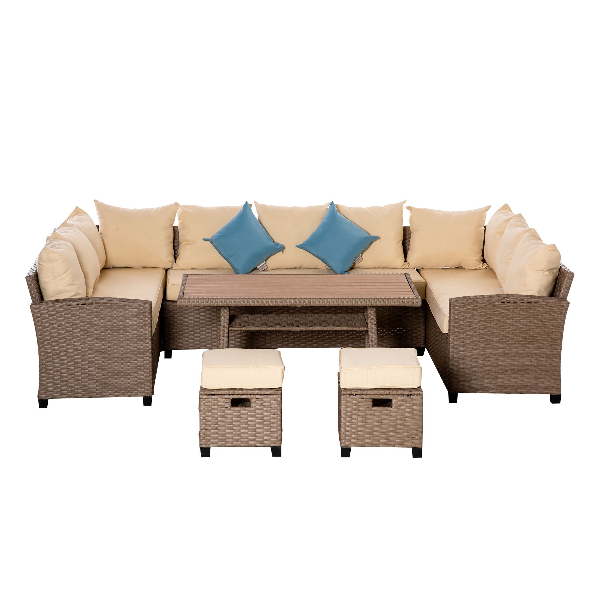 Outsunny 6 Pieces Patio Furniture Set, Outdoor Wicker Sofa Set, All Weather PE Rattan Conversation Furniture, with Strip Wood Grain Plastic Coffee Table & Cushions, Khaki