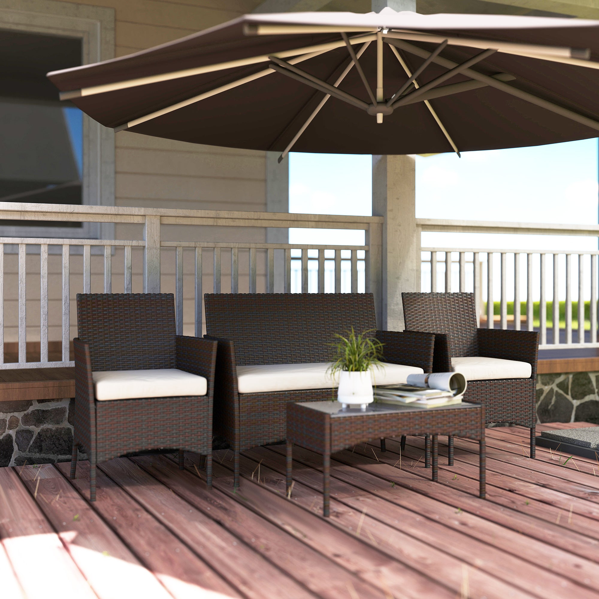 Outsunny 4 Pieces Wicker Outdoor Balcony Furniture Set Rattan Patio Furniture Set with Loveseat Chairs Glass Coffee Table Beige