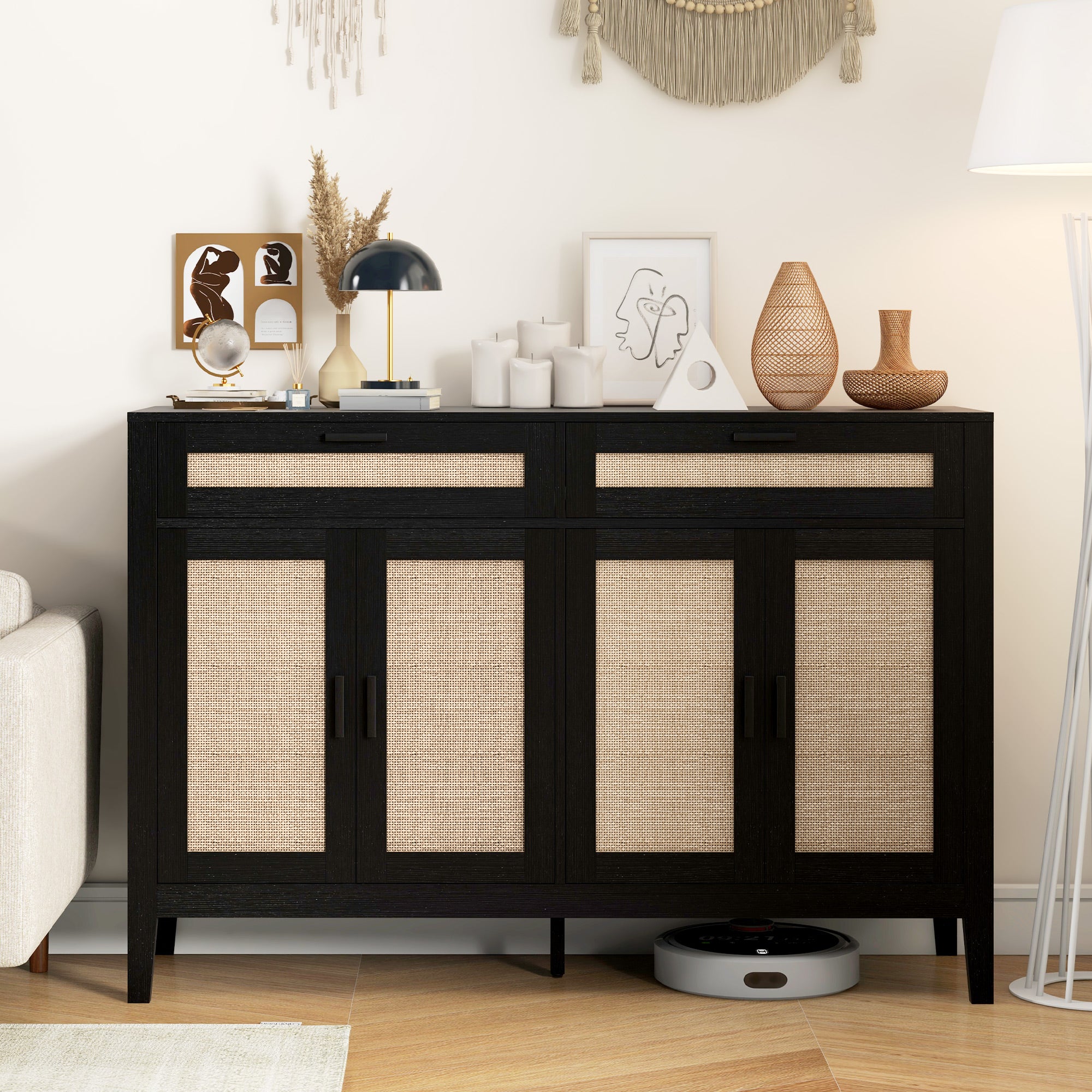 HOMCOM Kitchen Sideboard Cabinet, Boho Buffet Table with Decorative Rattan Doors and Drawers for Dining Room, Black