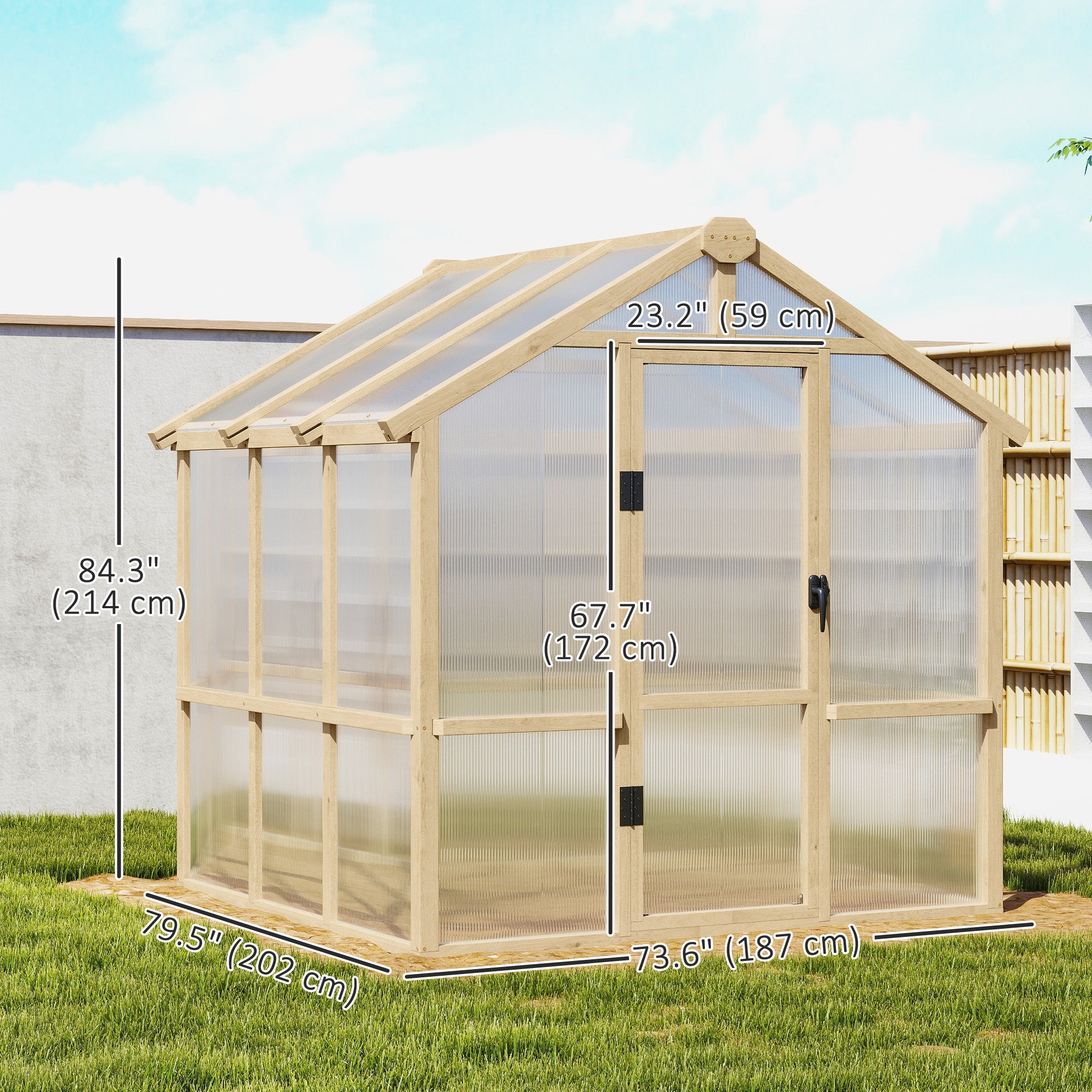 Outsunny 6.6 x 6ft Polycarbonate Greenhouse Wooden Green House with Thickened Polycarbonate Sheets, Lockable Door, Brown