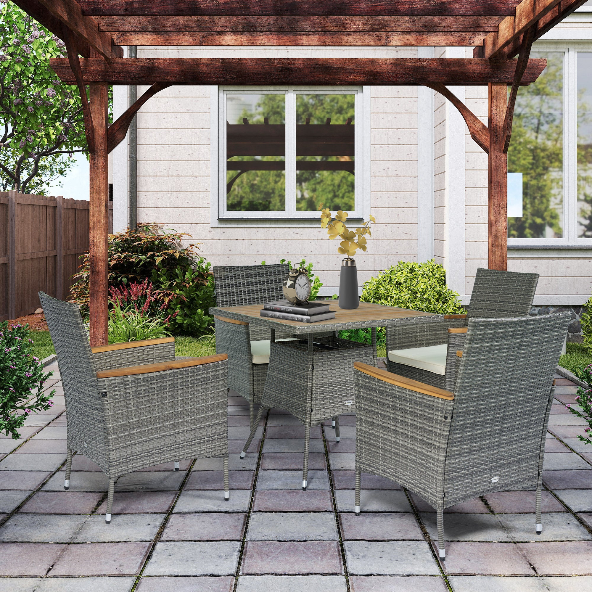 Outsunny 5 Piece Rattan Patio Dining Set with Umbrella Hole, Cushions, Outdoor Patio Table and Chairs for Garden Backyard, Teak