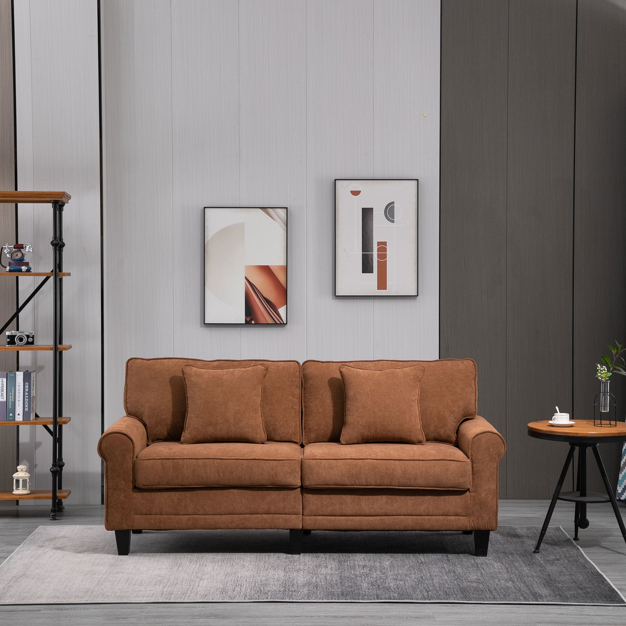 HOMCOM Modern 3 Seater Sofa, Corduroy Fabric 3 Seater Couch with Pine Wood Legs and Rolled Armrests for Living Room, Brown