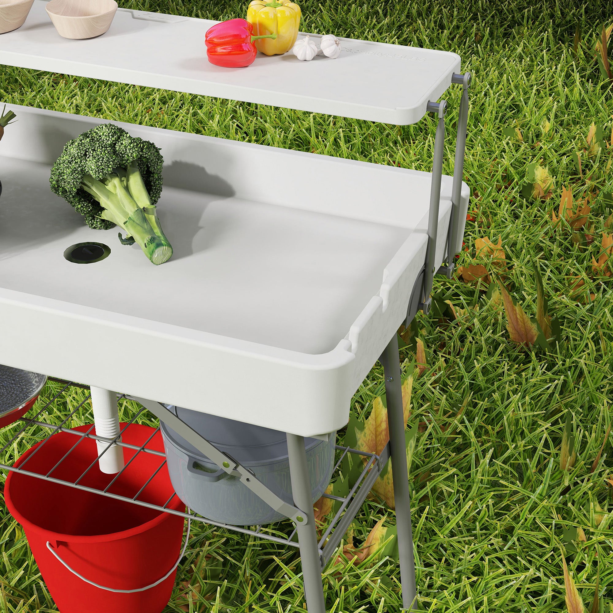 Outsunny 3.5ft Folding Ice Cooler Table with Drain, 2-Tier Outdoor Patio Party Cooler, Fishing Cleaning Table with Storage Shelf for Picnic BBQ Camping Wedding, White