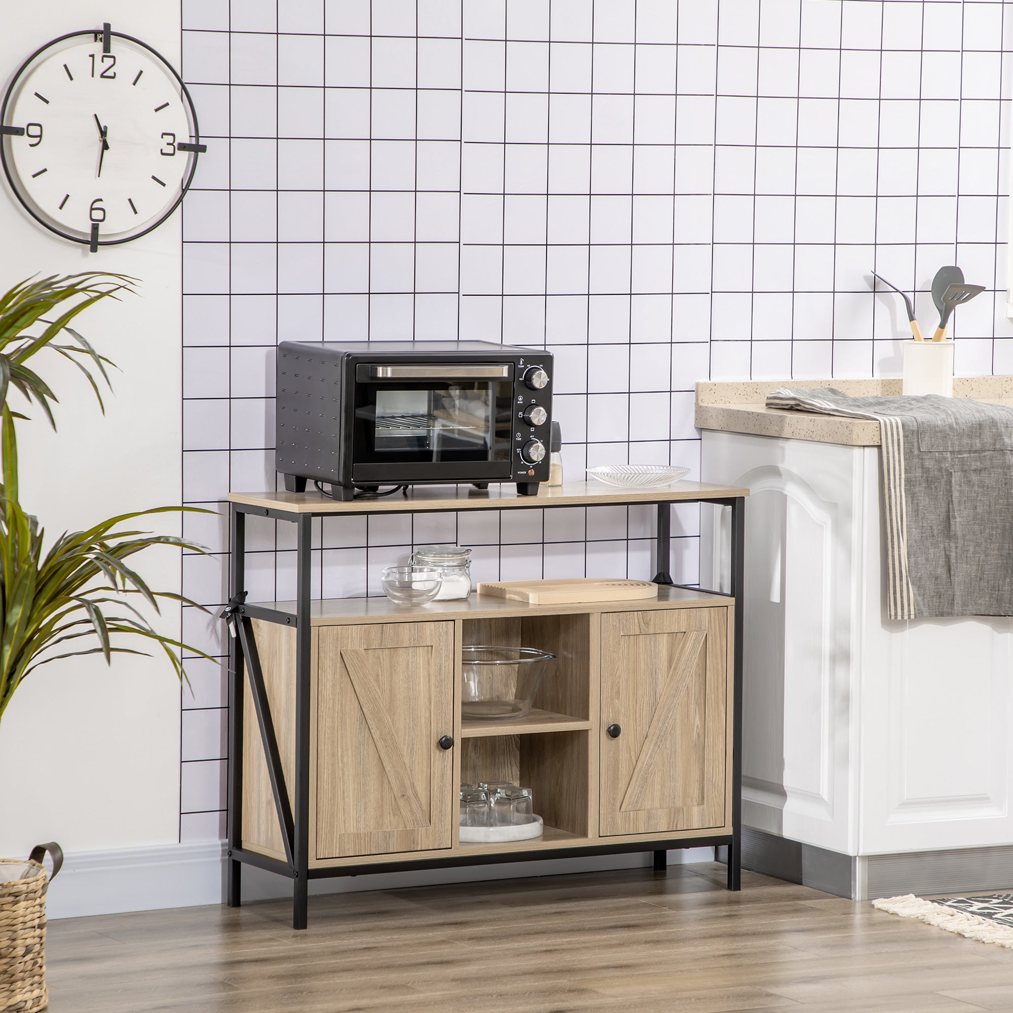 HOMCOM Farmhouse Buffet Cabinet, Kitchen Sideboard, Coffee Bar Table with Adjustable Shelves for Dining Room, Natural