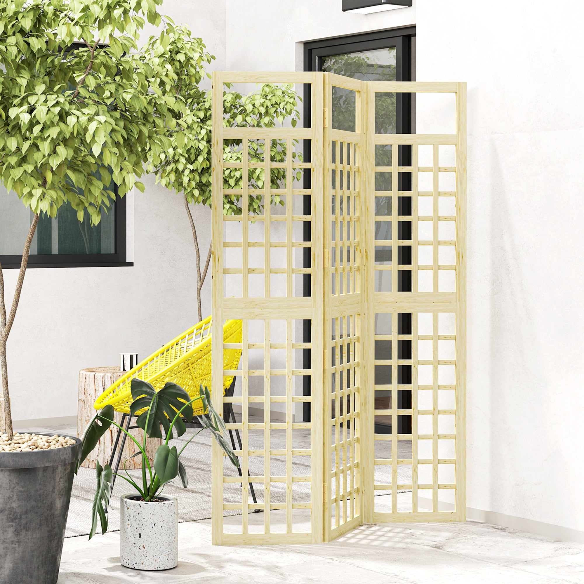 Outsunny 3 Panel Outdoor Wood Privacy Screen, Folding Room Divider/Trellis for Home, Patio, 47.2" x 66.9", Natural Wood