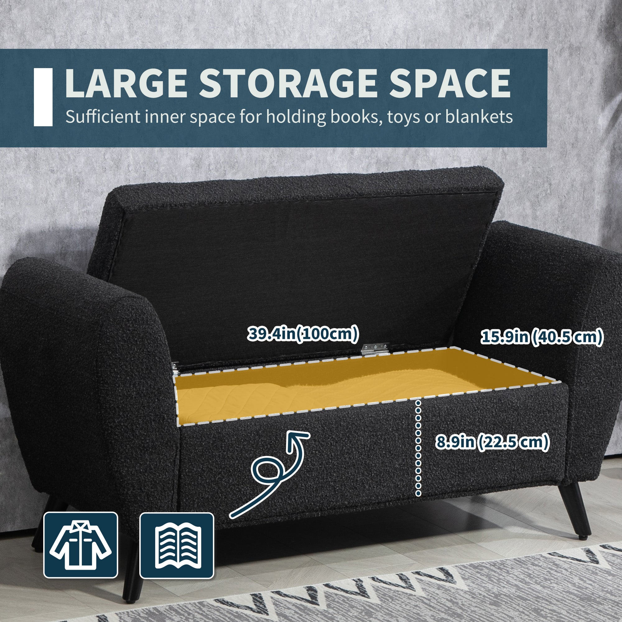HOMCOM Upholstered Storage Bench with Arms, Modern Ottoman Bench for Bedroom, Entryway, and Living Room, Black