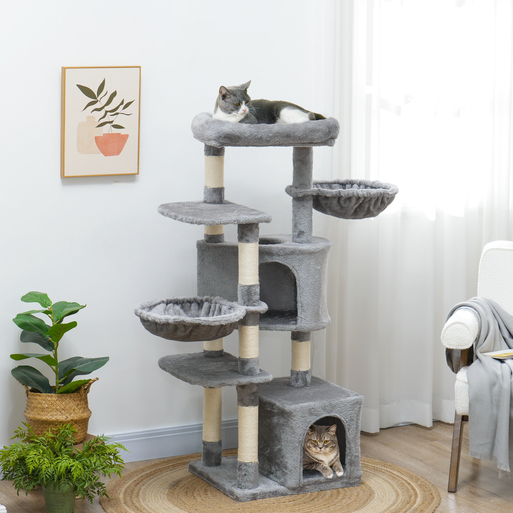 PawHut 52.5" Cat Tree Tower with Scratching Posts, Cat Condos, Bed, Platforms, Hammocks, for Indoor Cats, Grey