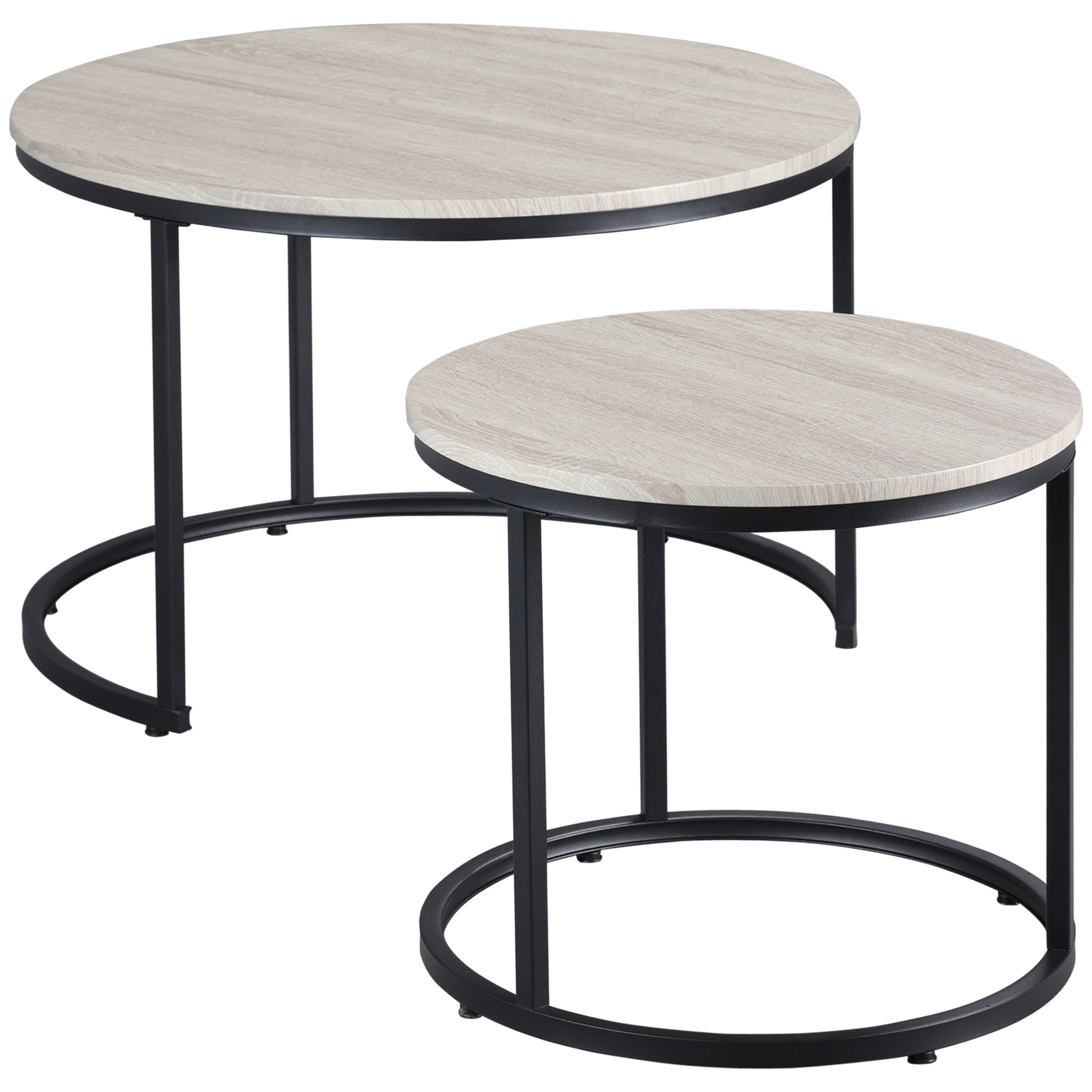 HOMCOM Nesting Coffee Tables Set of 2, Round Coffee Table with Metal Frame, Living Room Tables, Grey Wood Grain