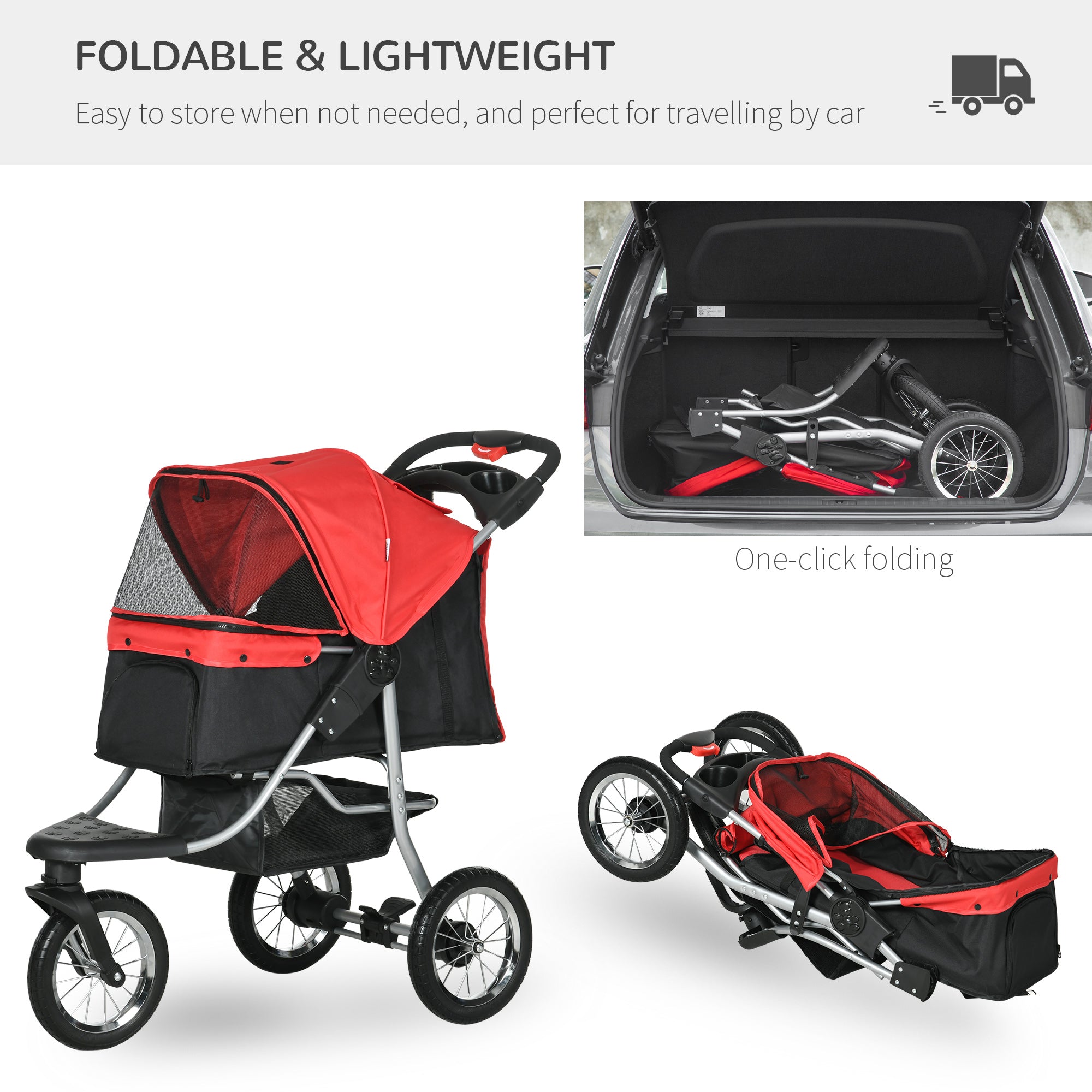 PawHut Luxury Pet Stroller Lightweight Dog Cat Travel Carriage with 3-Rubber Wheels, One-click Folding Design, Adjustable Canopy, Zippered Mesh Window Door, Red