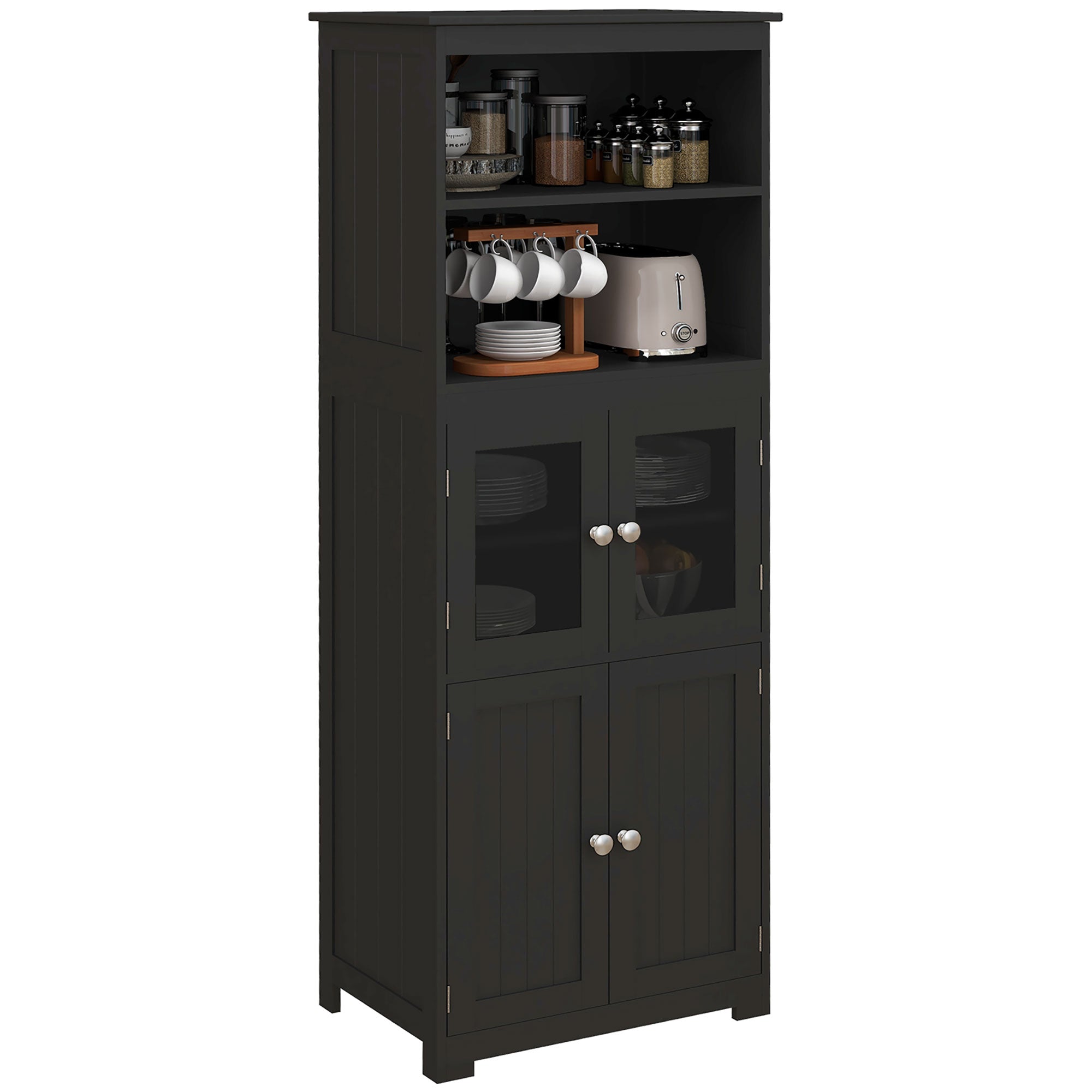 HOMCOM 63" Small Buffet with Hutch, 4-Door Kitchen Pantry Storage Cabinet with Adjustable Shelf for Dining Room, Black