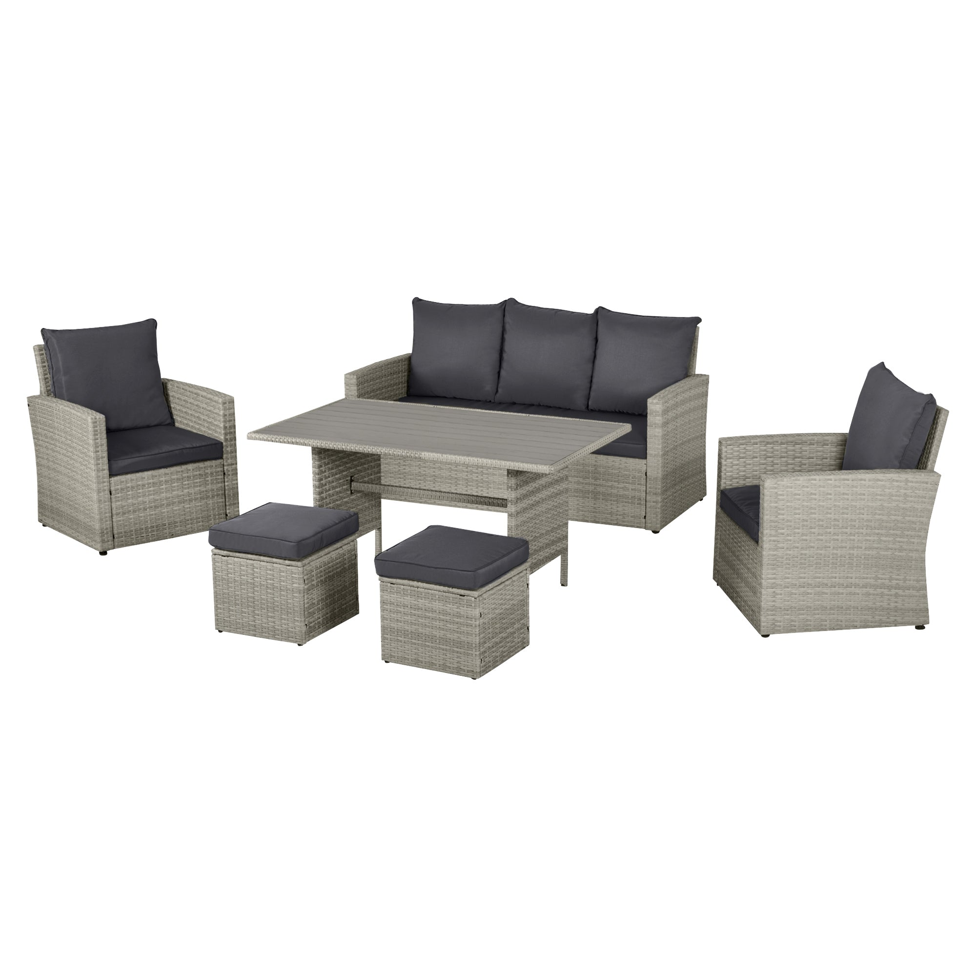 Outsunny 6 PCS Rattan Outdoor Dining Set Patio Dining Table and Chair Set with Plastic Wood Top Dining Table, Cushions, Grey