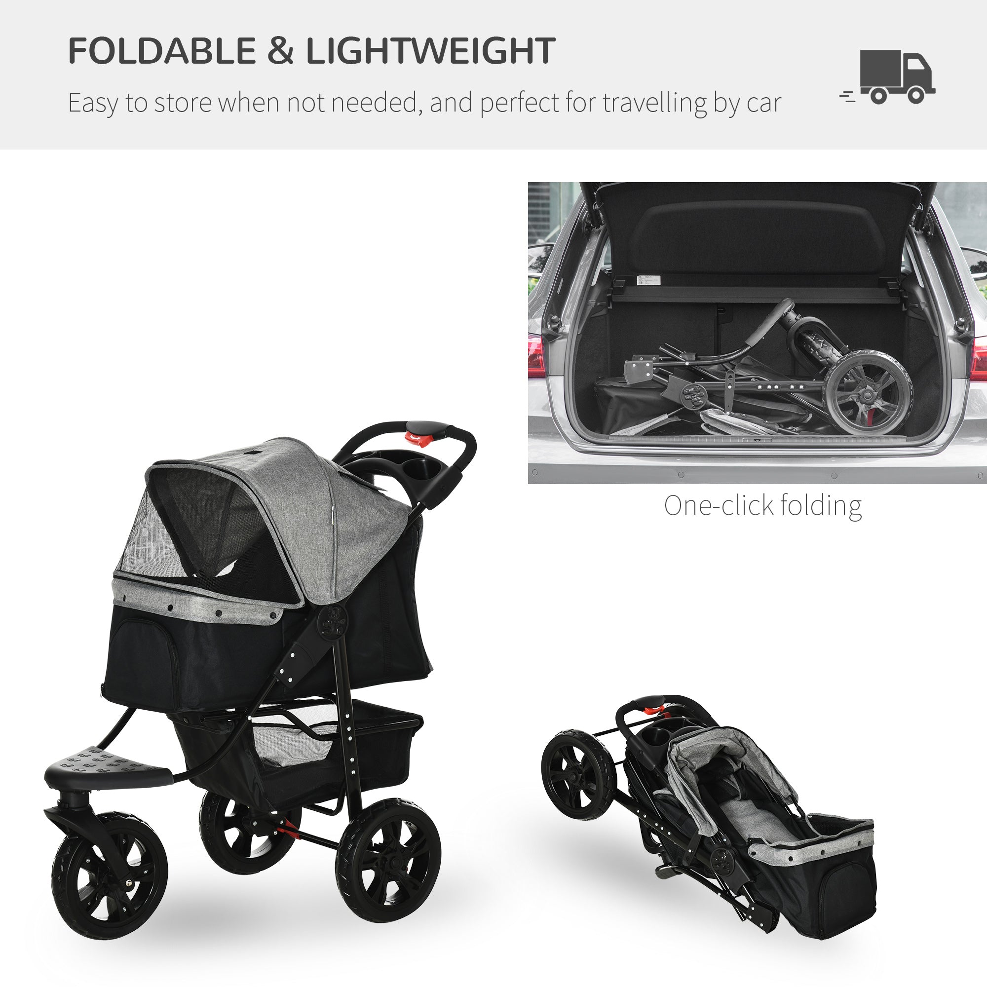 PawHut 3 Wheel Folding Dog Stroller, Jogger Travel Carrier with Adjustable Canopy, Storage Brake, Mesh Window for S&M Dogs Grey