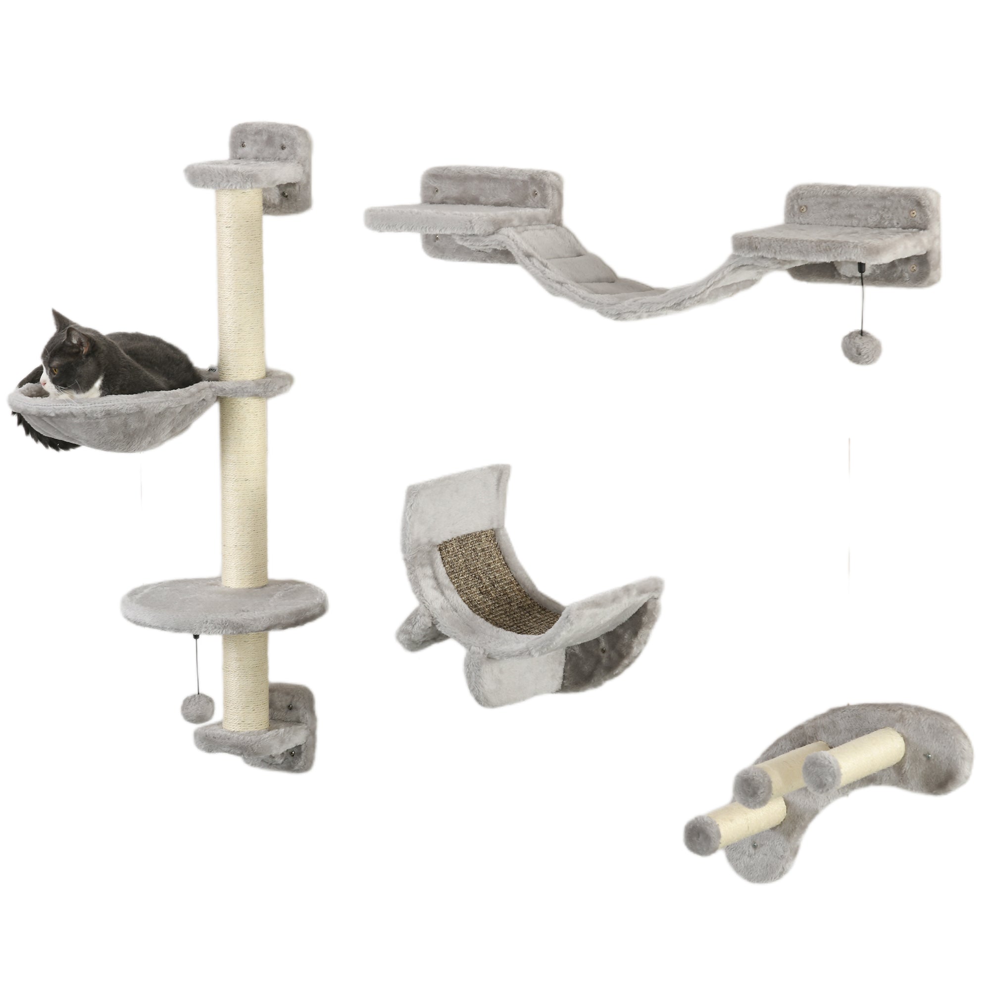 PawHut 4Pcs Cat Wall Shelf with Scratching Post, Cat Wall Shelves for Relaxing, Climbing, Cat Wall With Soft Ladder, Hammock, Play Balls, Grey