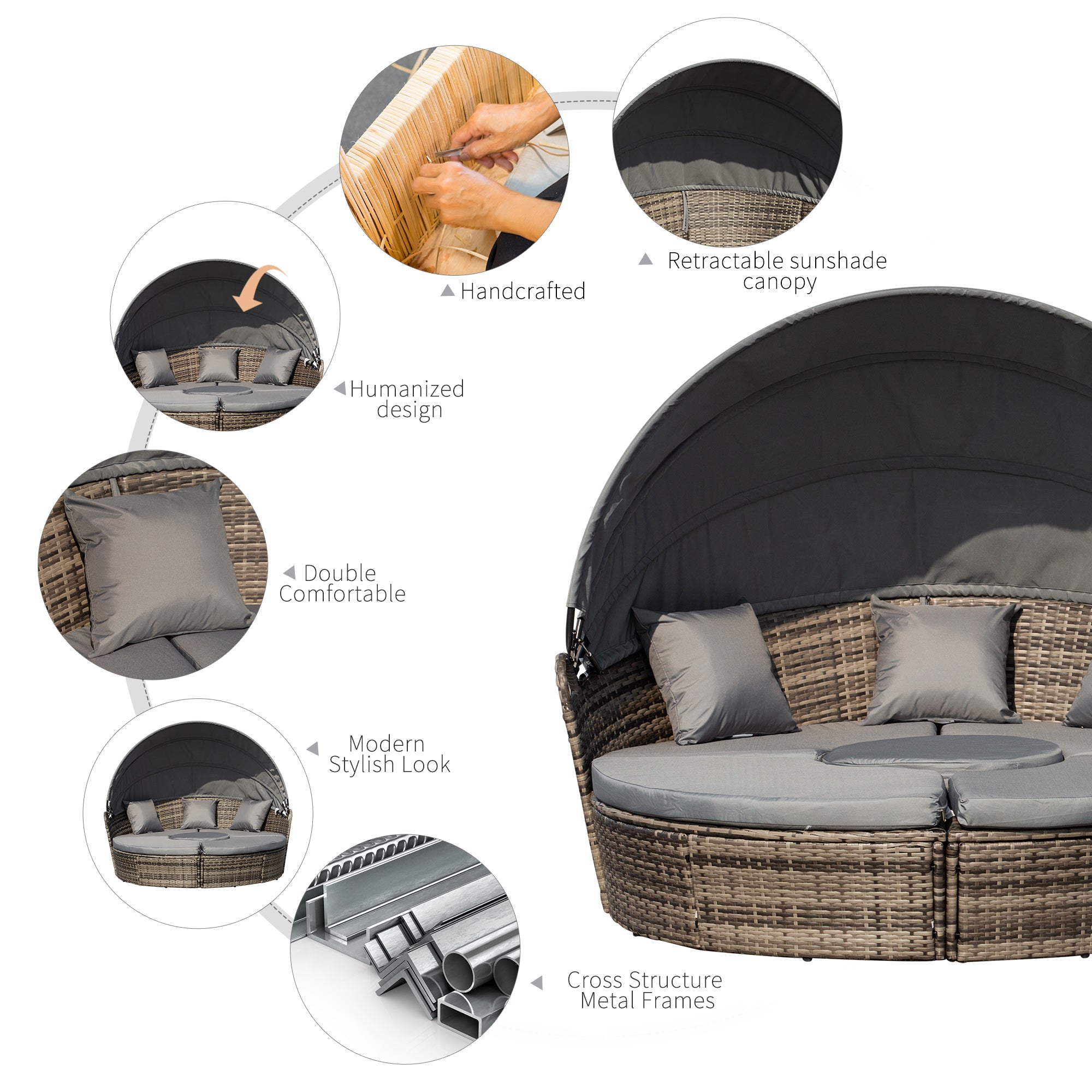 Outsunny 4 Pieces Outdoor Daybed with Retractable Canopy, PE Rattan Wicker Round Sofa Day Bed, Patio Sectional Conversation Furniture Set with Cushions and Pillows, Grey