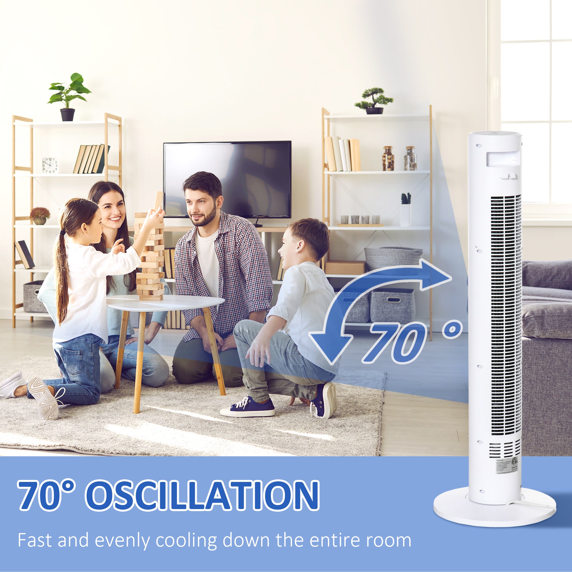 HOMCOM Freestanding Tower Fan Cooling for Home Bedroom with 3 Speed, 12h Timer, Oscillating, LED Sensor Panel, Remote Controller, White