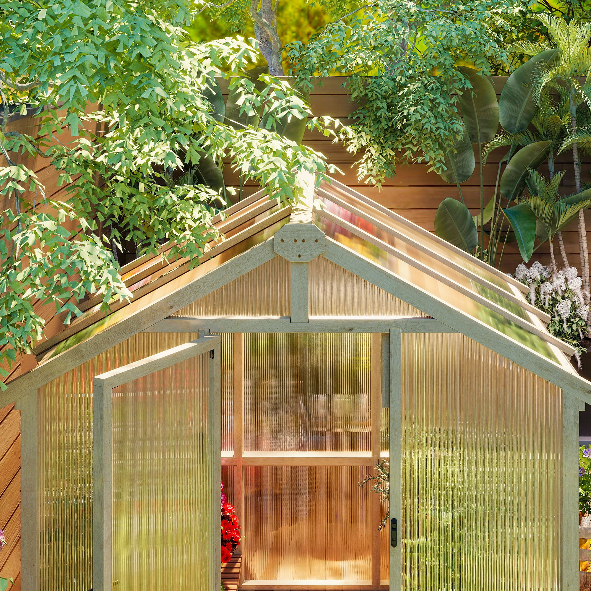 Outsunny 6.6 x 6ft Polycarbonate Greenhouse Wooden Green House with Thickened Polycarbonate Sheets, Lockable Door, Brown