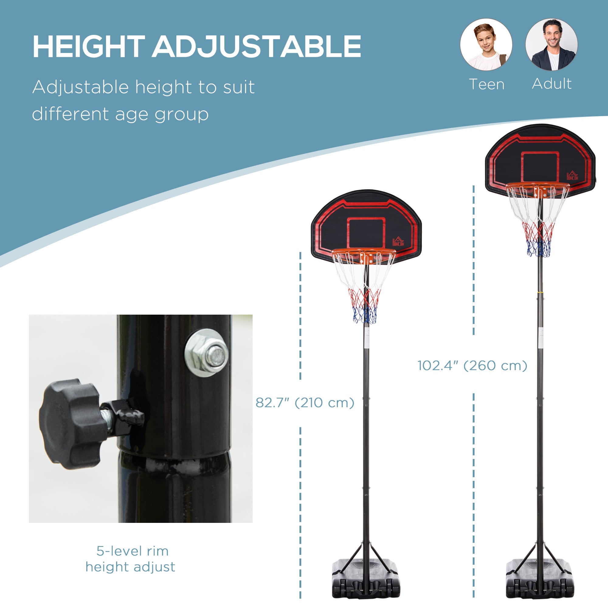 HOMCOM 7-8.5ft Basketball Hoop, Freestanding Basketball System with 27.5" Shatterproof Backboard and Wheels, Black