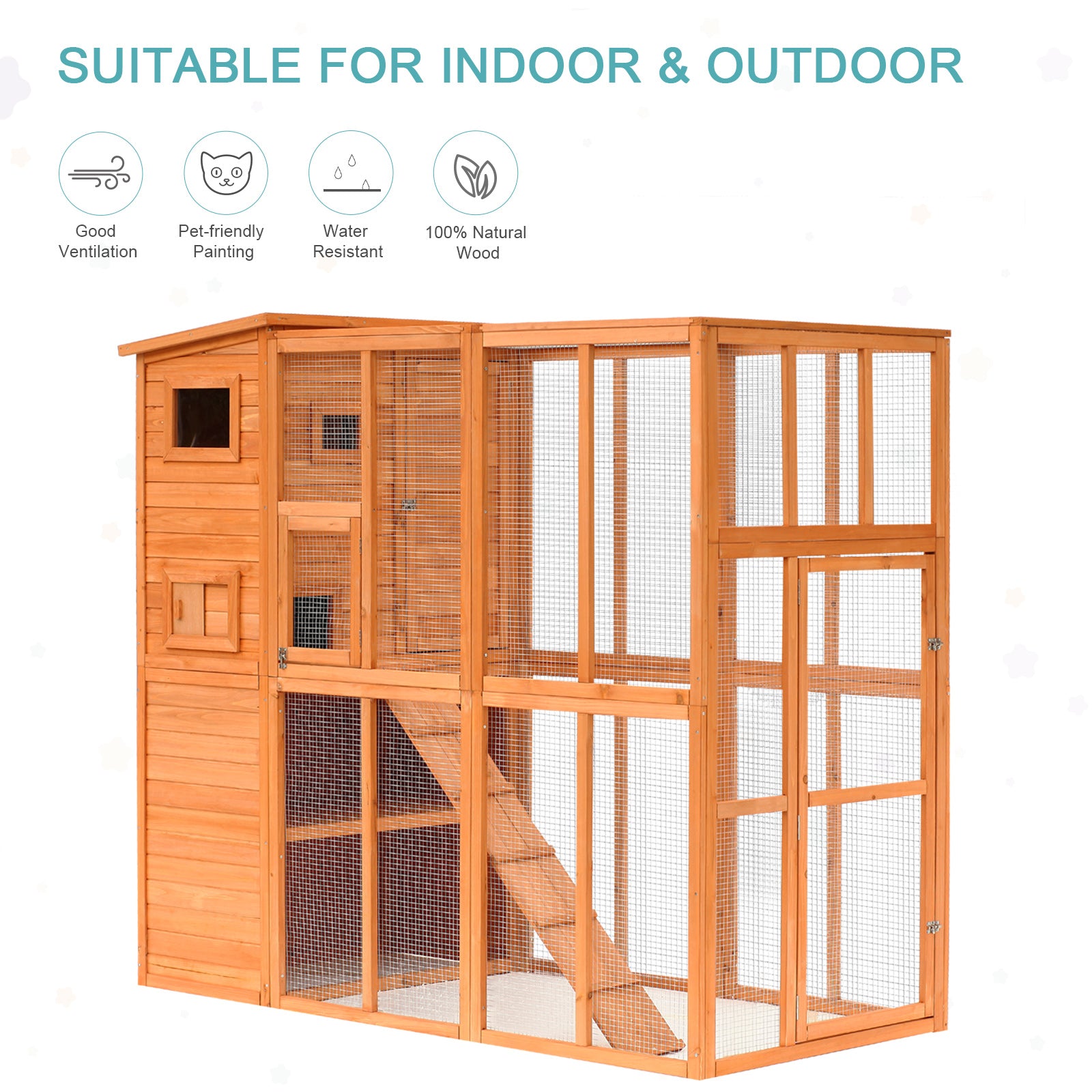 PawHut Large Wooden Outdoor Cat House with Large Run for Play, Catio for Lounging, and Condo Area for Sleeping, Natural