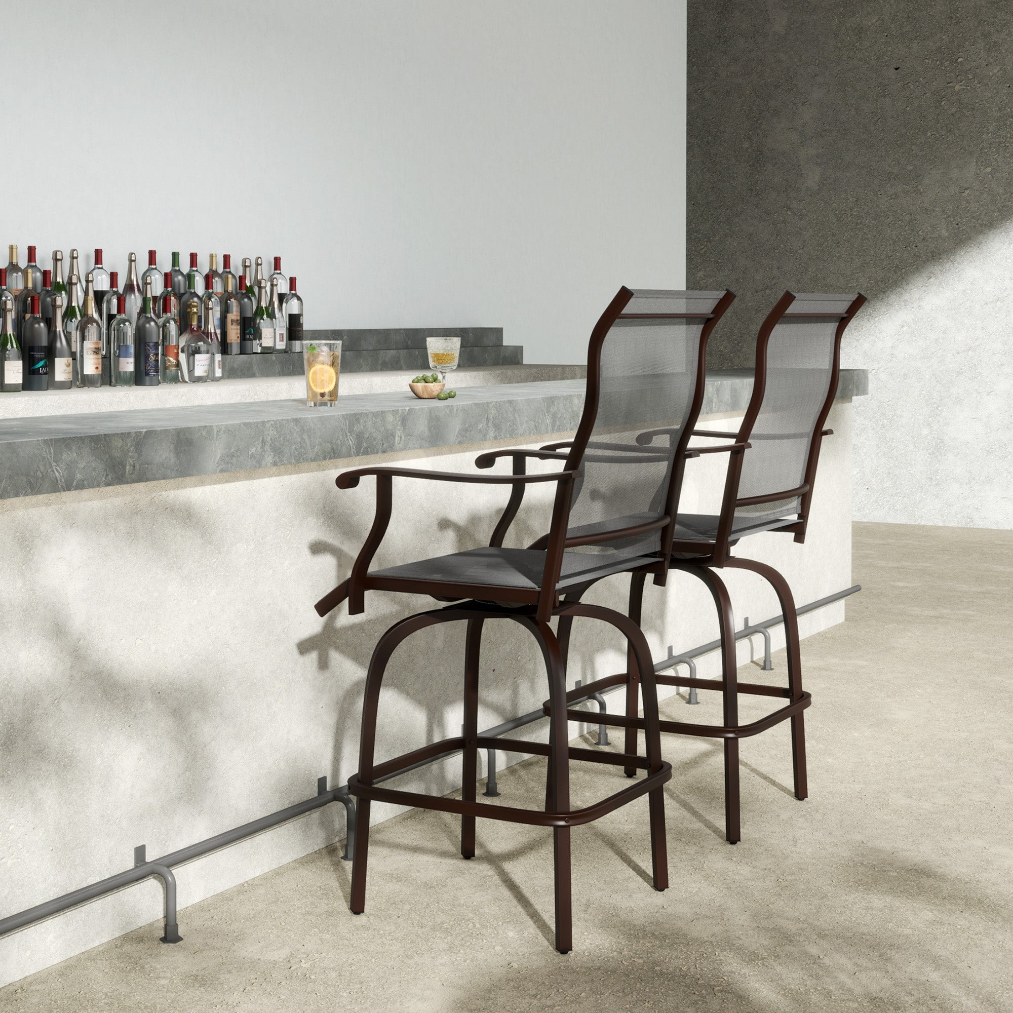 Outsunny Outdoor Bar Stools Set of 2, Swivel Bar Height Chairs with High Back, Curved Armrests and Steel Frame, Light Grey