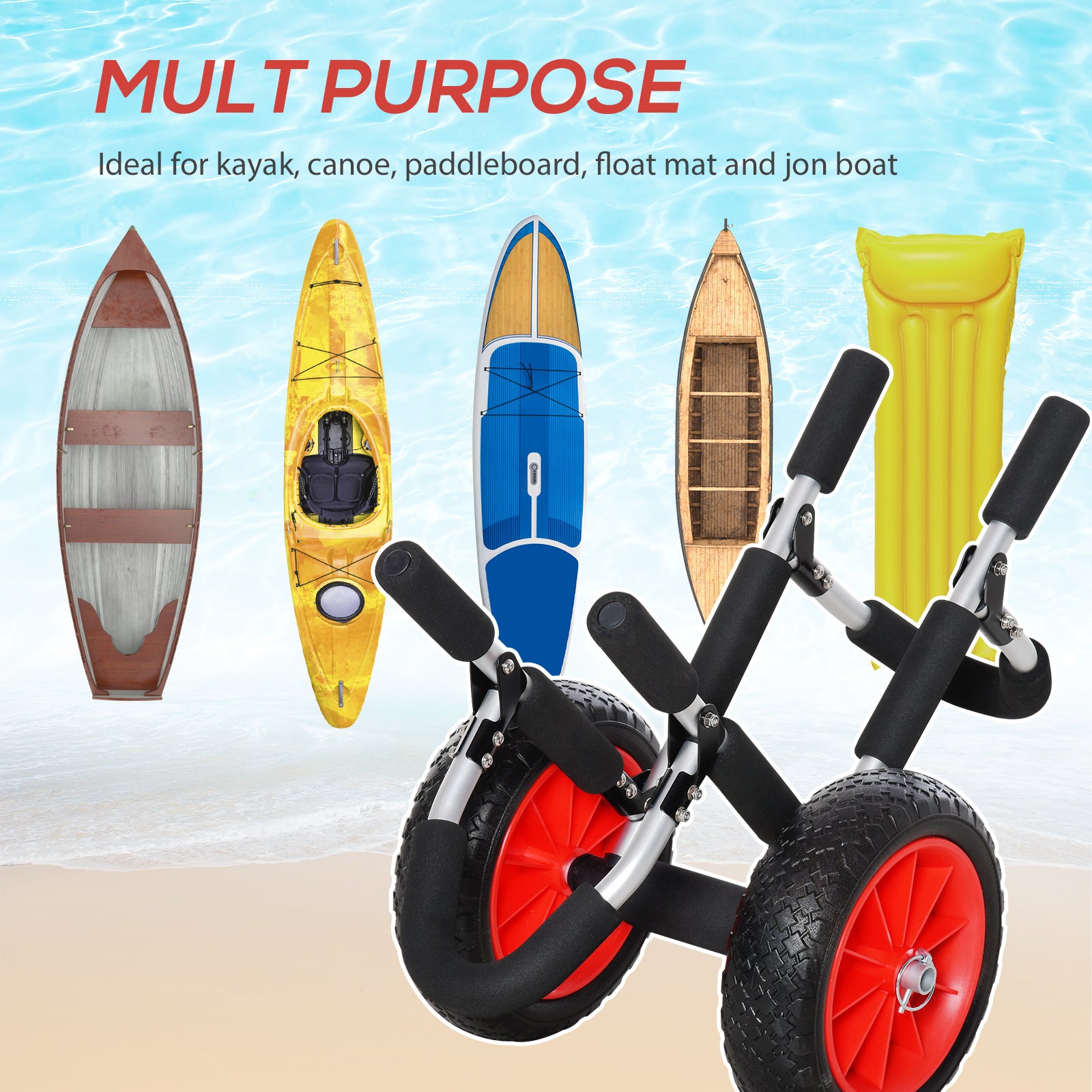 Outsunny Stand-Up Paddleboard Dolly, Aluminum Surfboard Trolley, Foldable Rolling Cart for SUPs Boat Canoe Carrier Tote Dolly Trolley Float Mat, Jon Boat Easy Transport Cart Wheeled Cart