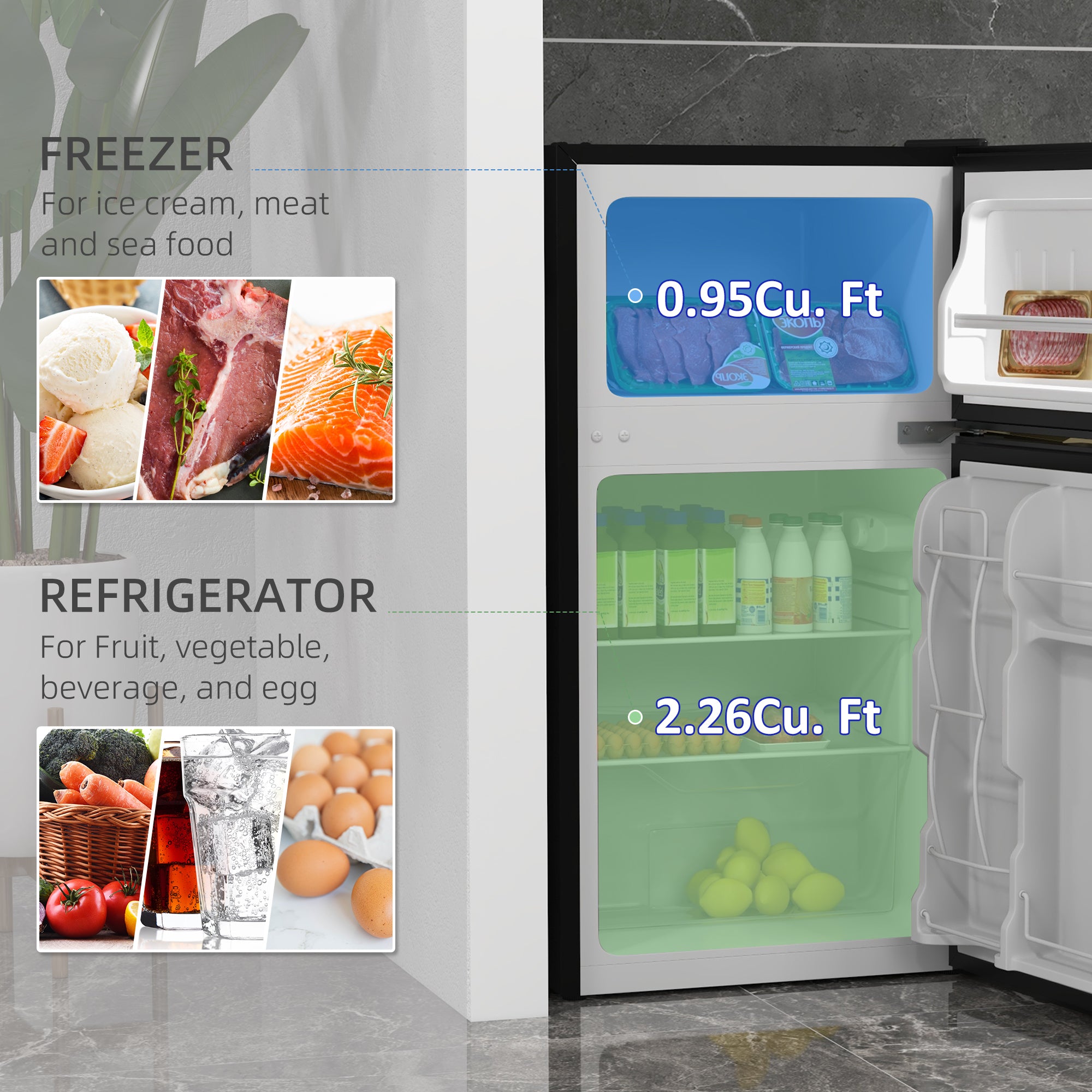 HOMCOM 3.2 Cu Ft Compact Refrigerator, Mini Fridge with Freezer, Adjustable Shelves and Reversible Doors for Bedroom, Silver