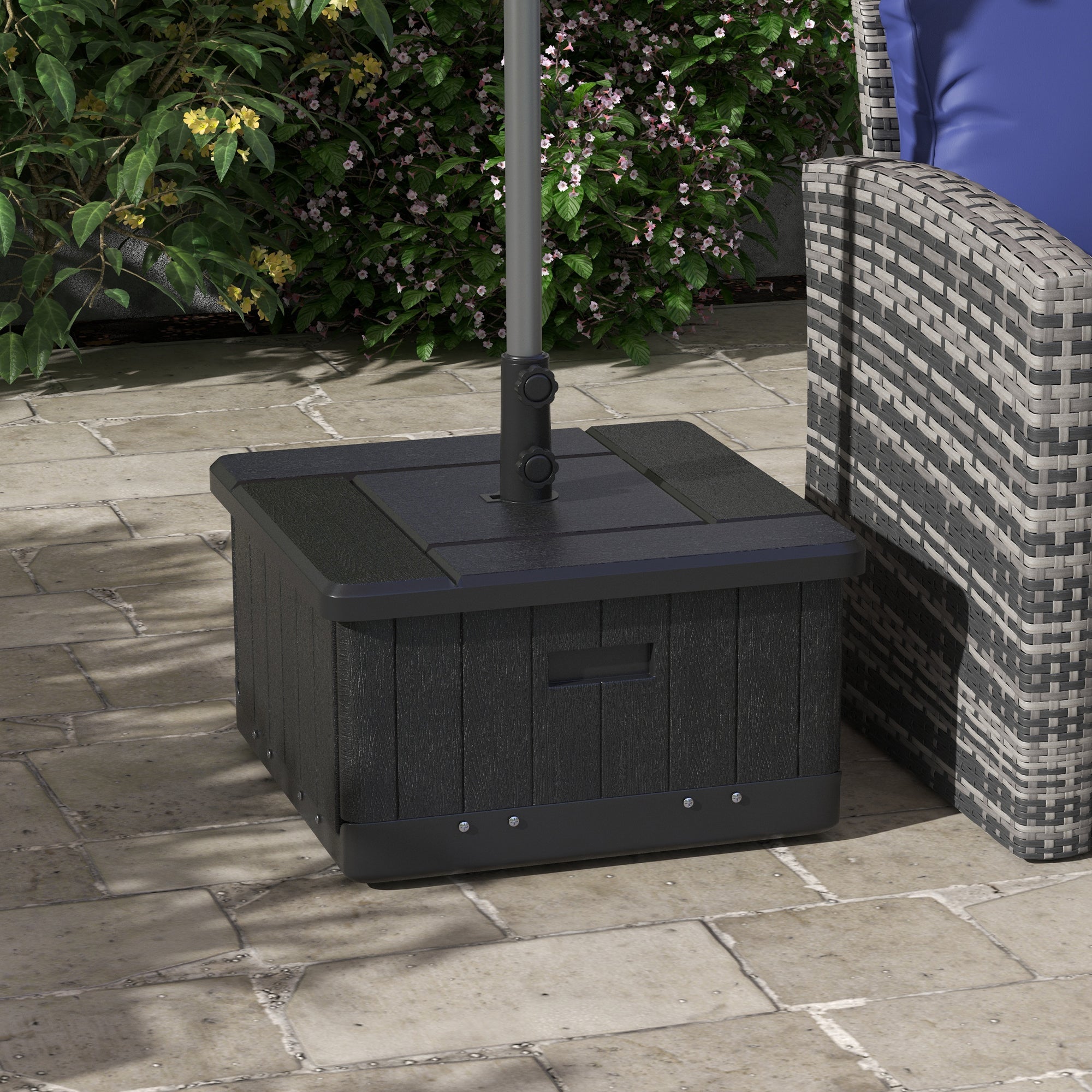 Outsunny 3-in-1 Outdoor Umbrella Base with Wheels and Handles, End Table, Flower Box Planter with Hole, 176 lbs. Capacity, Black