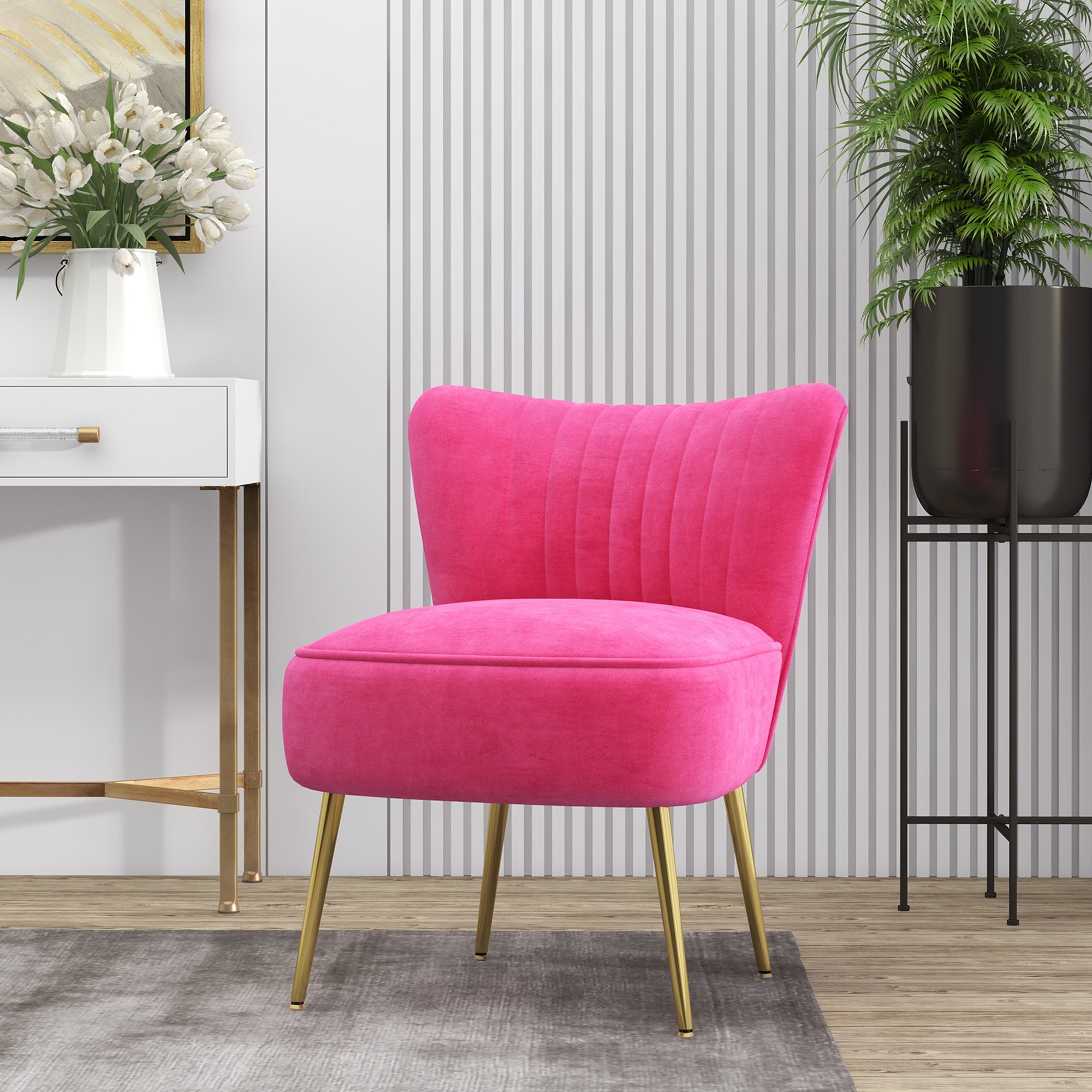 HOMCOM Velvet Lounge Chair, Modern Accent Chair for Living Room with Gold Steel Legs and Tufting Backrest, Pink