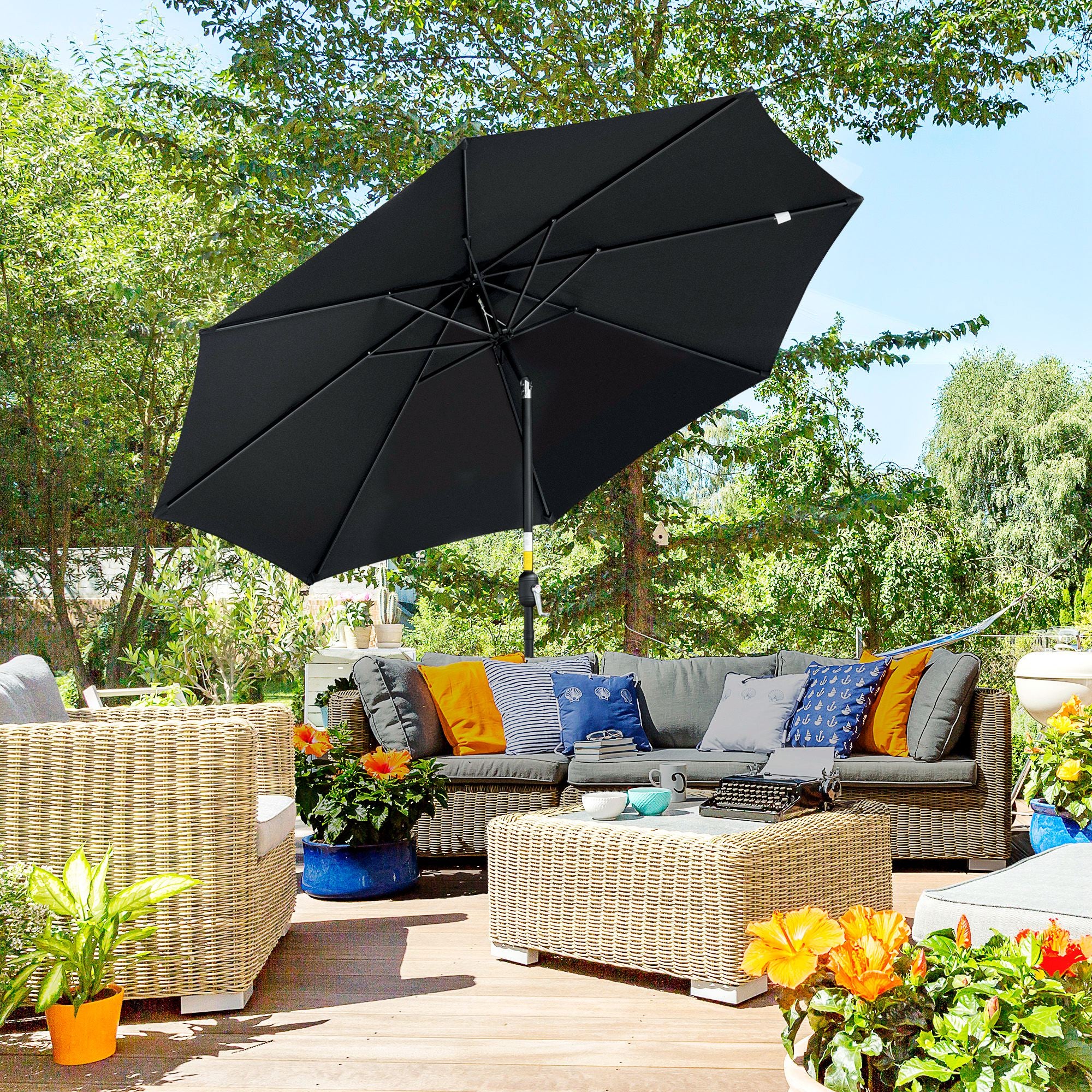 Outsunny 10' x 8' Round Market Umbrella, Patio Umbrella, Outdoor Parasol with Crank Handle, Tilt for Garden, Bench, Lawn, Black