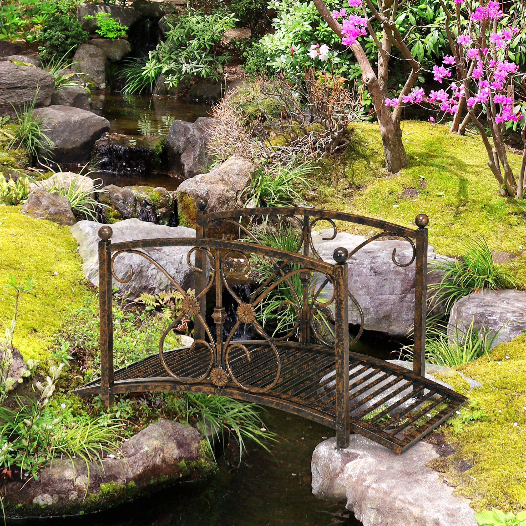 Outsunny Garden Bridge 3.3FT, Decorative Classic Backyard Pond Bridge with Safety Railings Brown