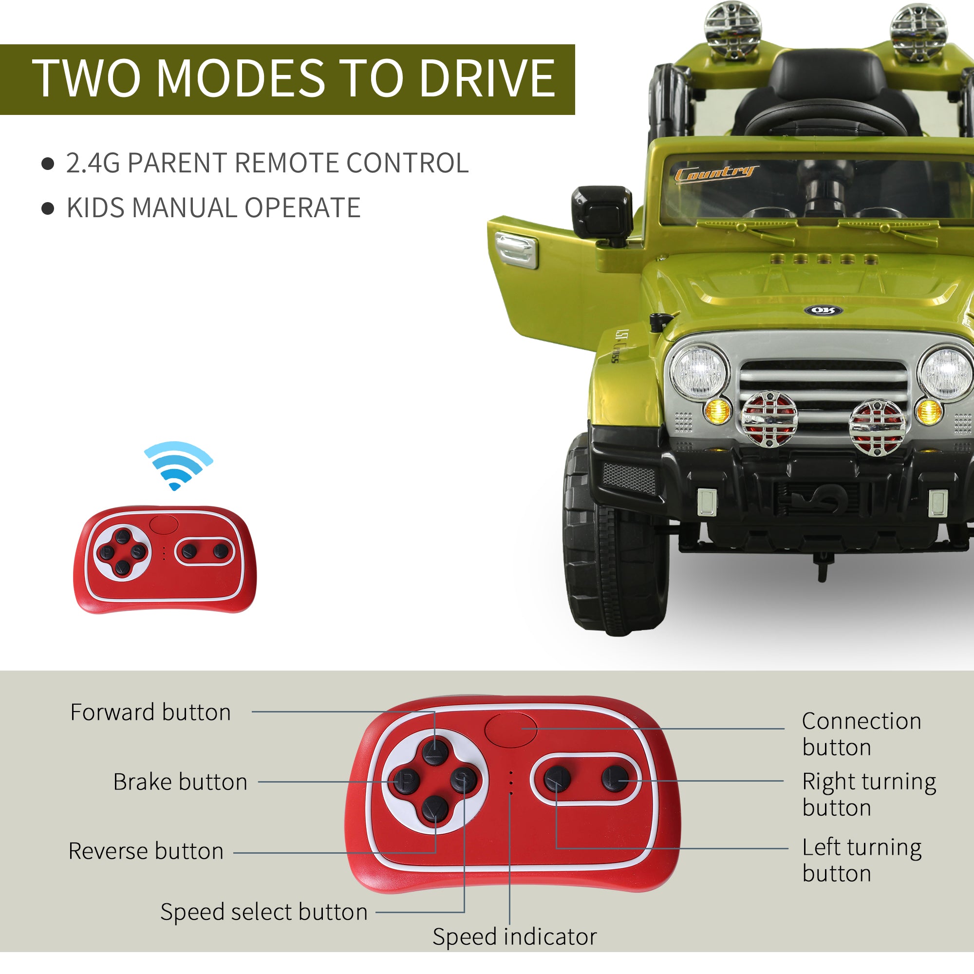 Aosom 12V Kids Electric Ride On Car Toy Truck with Remote Control 2 Speeds Lights MP3 LCD Power Indicator, Green