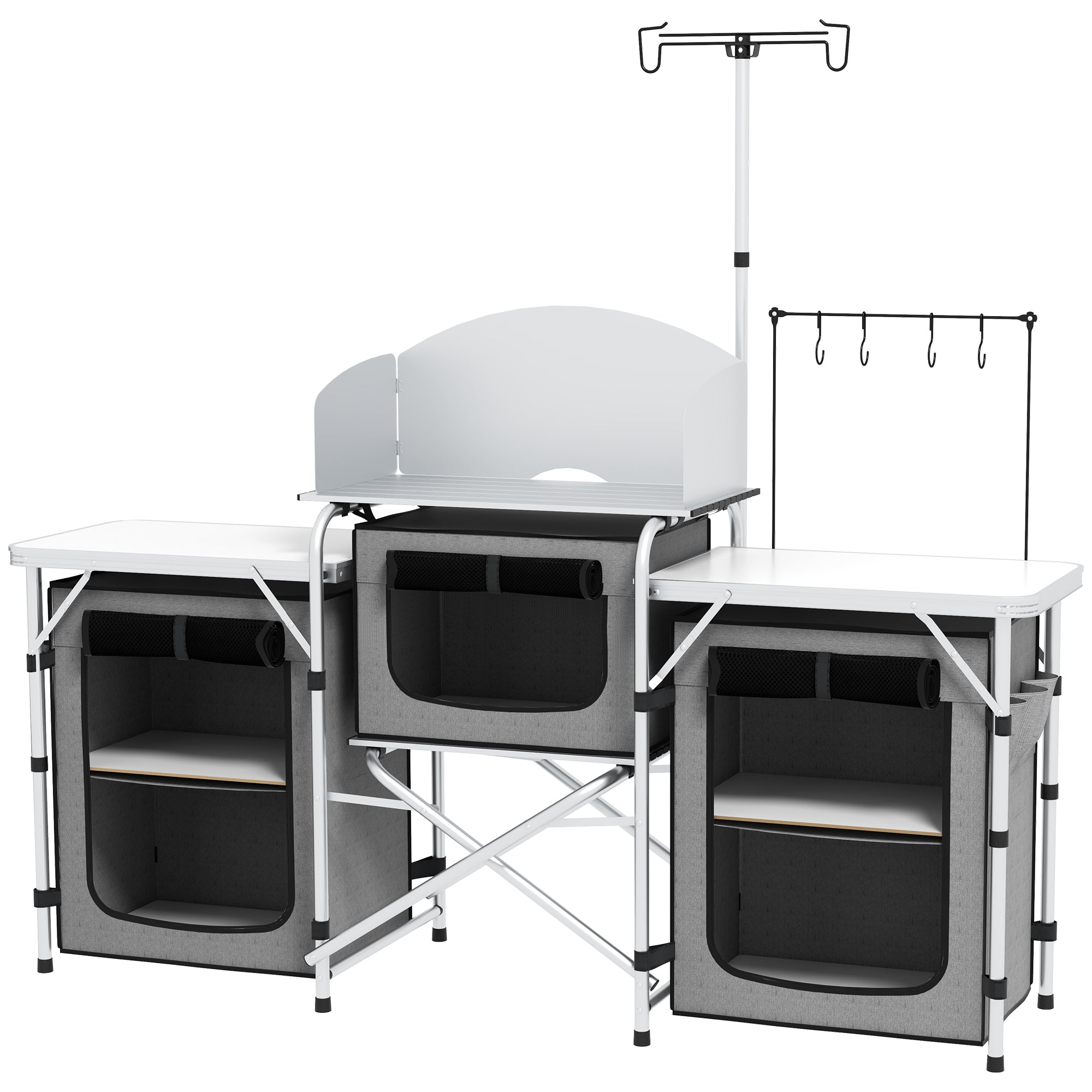 Outsunny Aluminum Camping Kitchen, Portable Folding Camping Table with Fabric Cupboards, Windshield, Bag for BBQ, Picnic, Grey