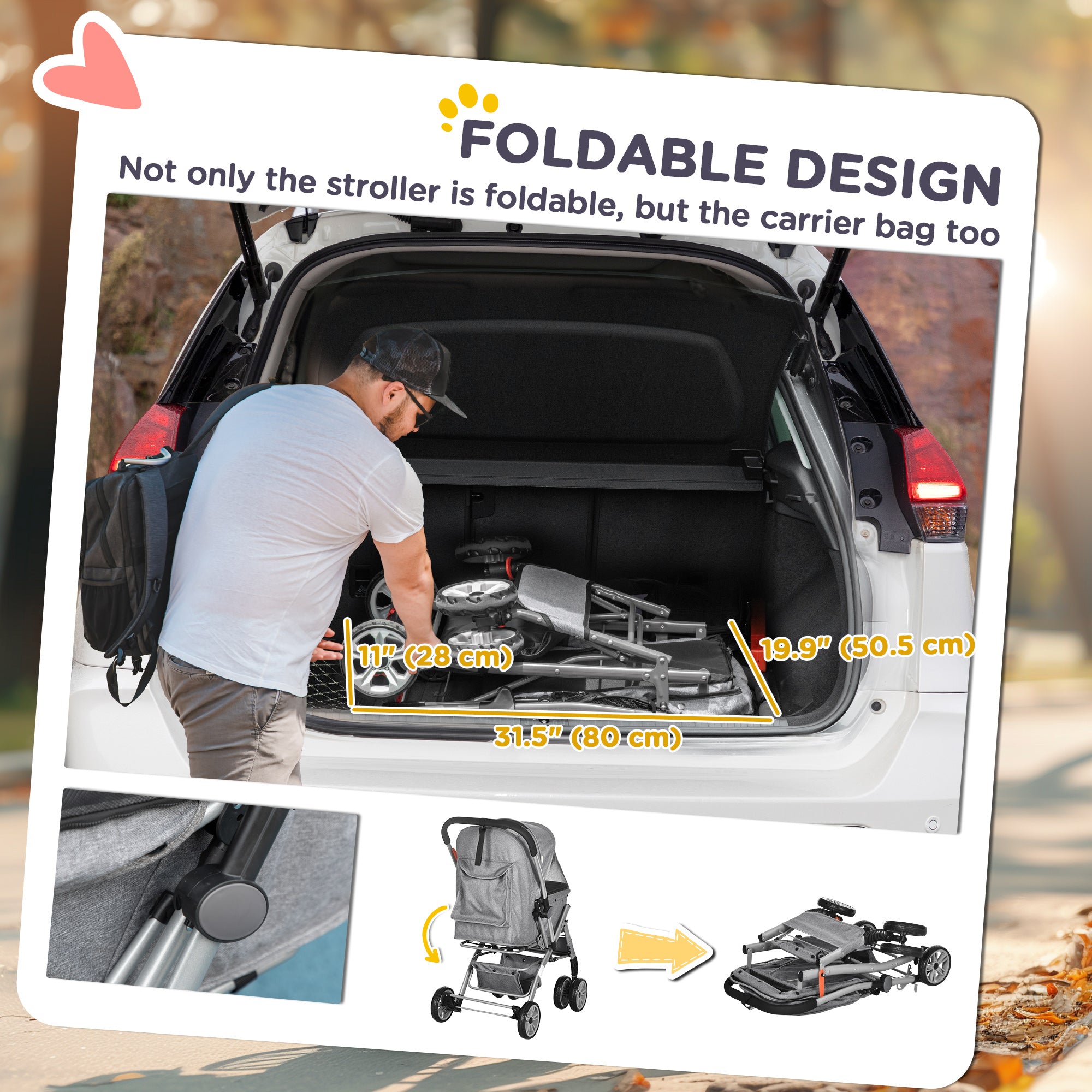 PawHut 4 Wheels Pet Stroller w/ Reversible Handle, Foldable Dog Cat Travel Carriage w/ EVA Wheels Basket Storage Bag 3-stage Canopy Grey