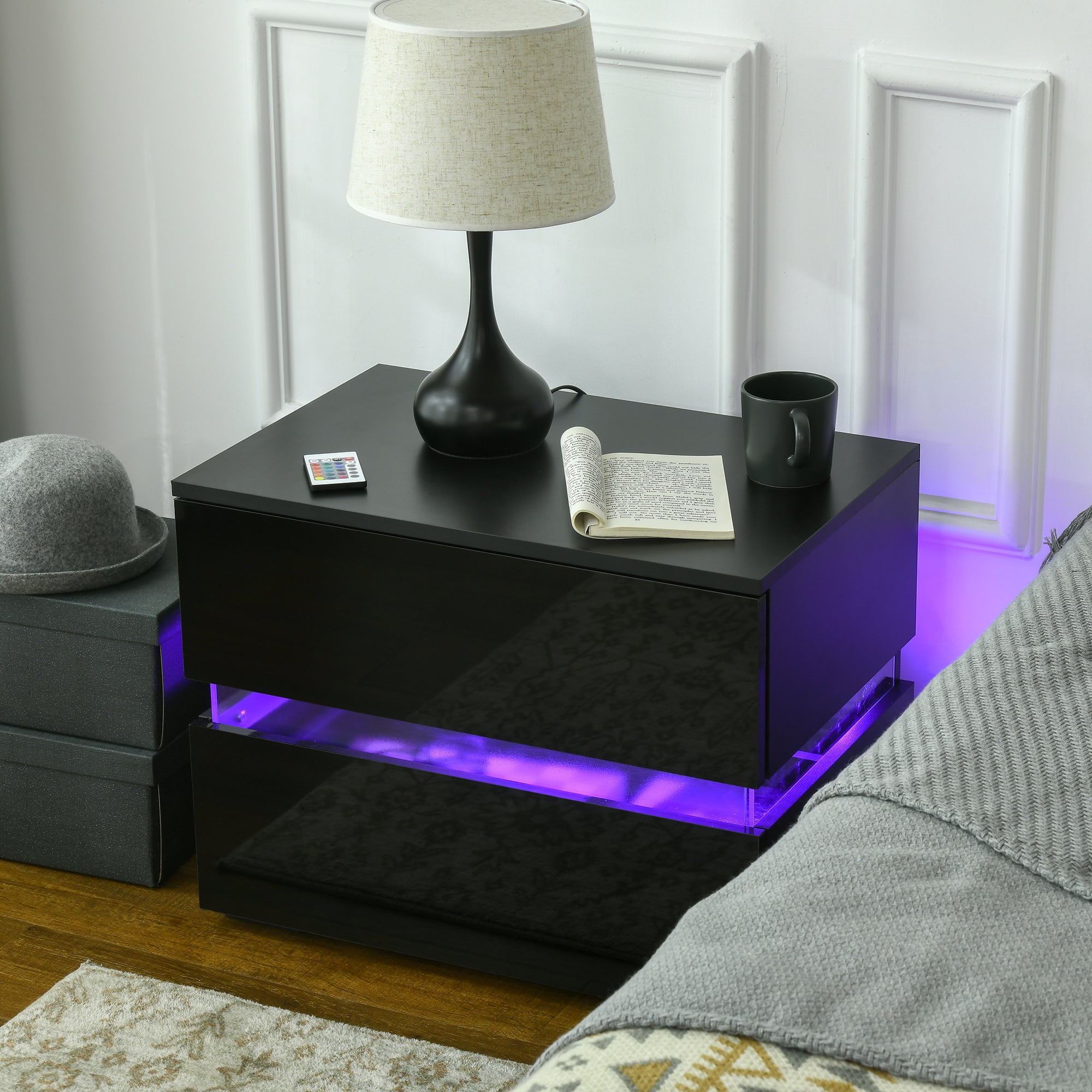 HOMCOM Modern Nightstand, Bedside Table with 2 Drawers, USB Powered RGB LED Lights, Remote for Bedroom, Black