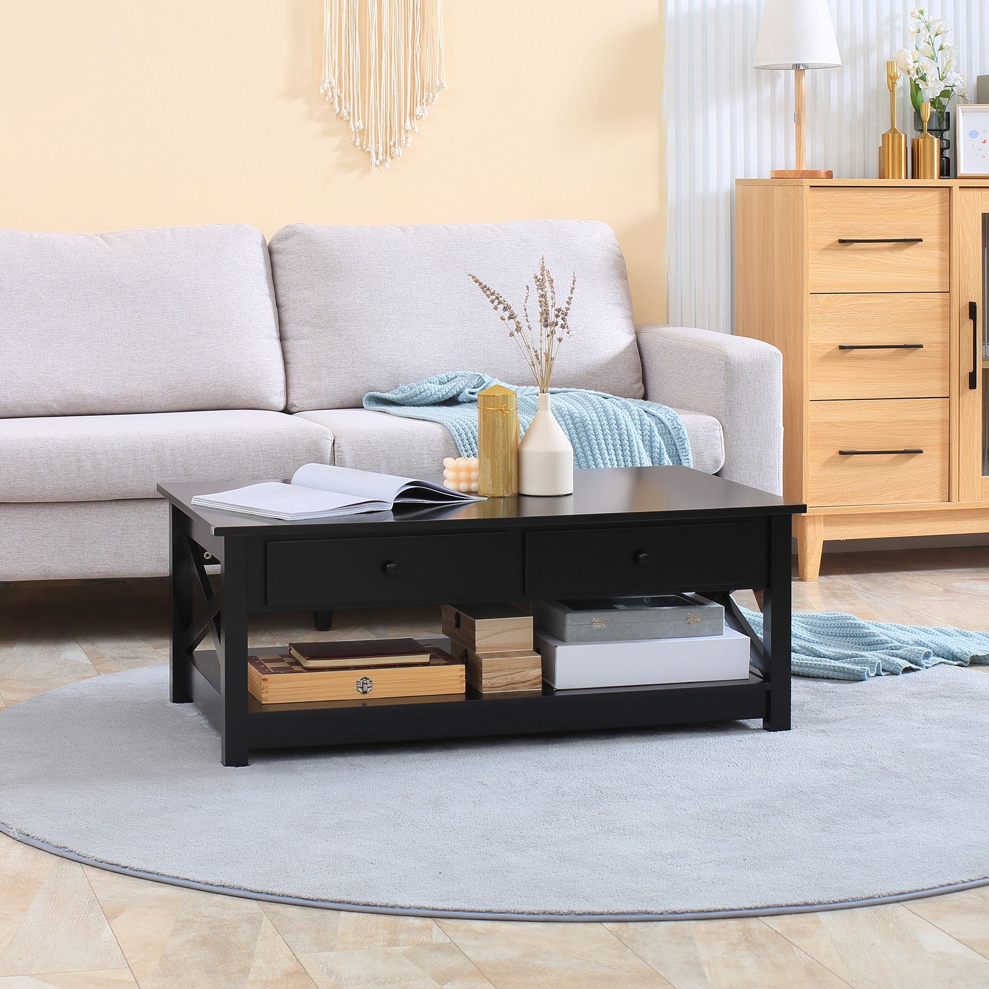 HOMCOM Coffee Table with Storage, Farmhouse Living Room Table with Drawers and Open Shelf, Centre Table with X-frames, Black